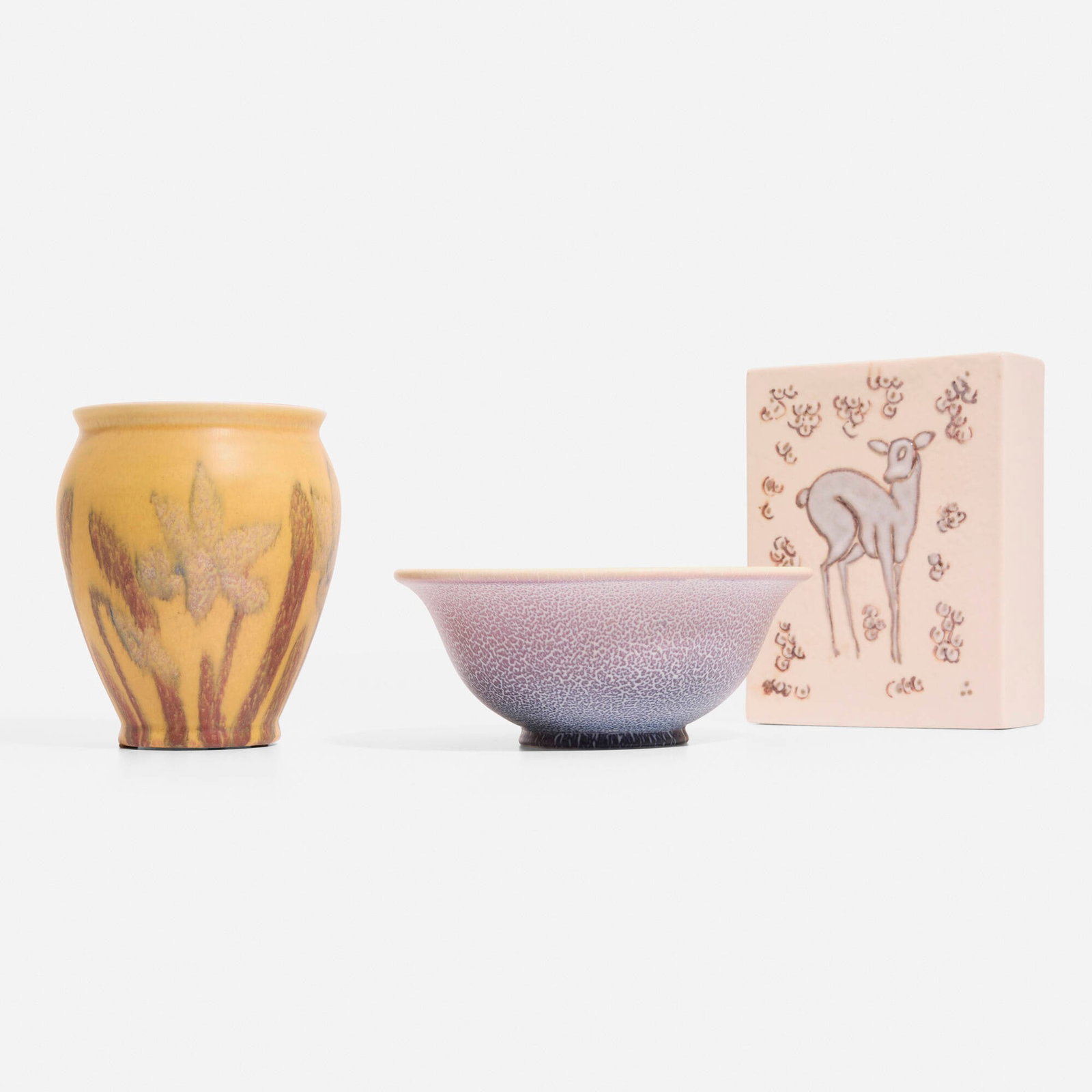 Rookwood Pottery, Collection of three Double Vellum and Wax Mat works: Rookwood Pottery Collection of three Double Vellum and Wax Mat works USA, 1926, 1929, 1945glazed porcelain 7.625 h x 6.000 w x 2.250 d in (19 x 15 x 6 cm) 6.375 h x 5.25 dia in (16 x 13 cm) 3.3