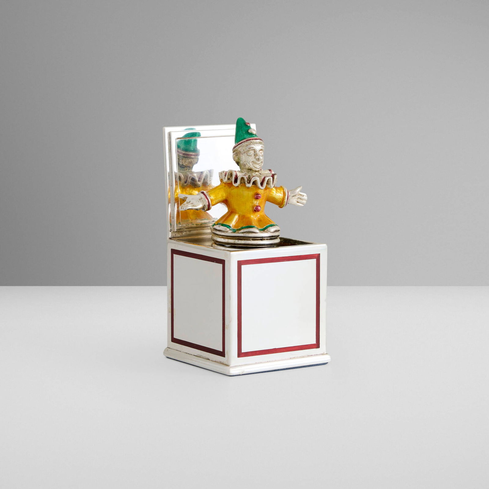 Gene Moore for Tiffany & Co., Jack-in-the-box: Gene Moore for Tiffany & Co. Jack-in-the-box USA / Italy, 1988-1990enameled sterling silver 3.5 h x 1.875 w x 2 d in (9 x 5 x 5 cm) Impressed manufacturer's mark to interior 'Tiffany & Co Ster