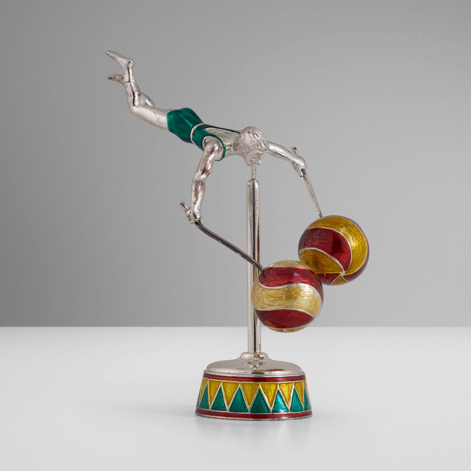 Gene Moore for Tiffany & Co., Balancing gymnast: Gene Moore for Tiffany & Co. Balancing gymnast USA / Italy, 1988-1990 enameled sterling silver 5.25 h x 4.5 w x 2.75 d in (13 x 11 x 7 cm) Impressed manufacturer's mark to figurine 'Tiffany & C
