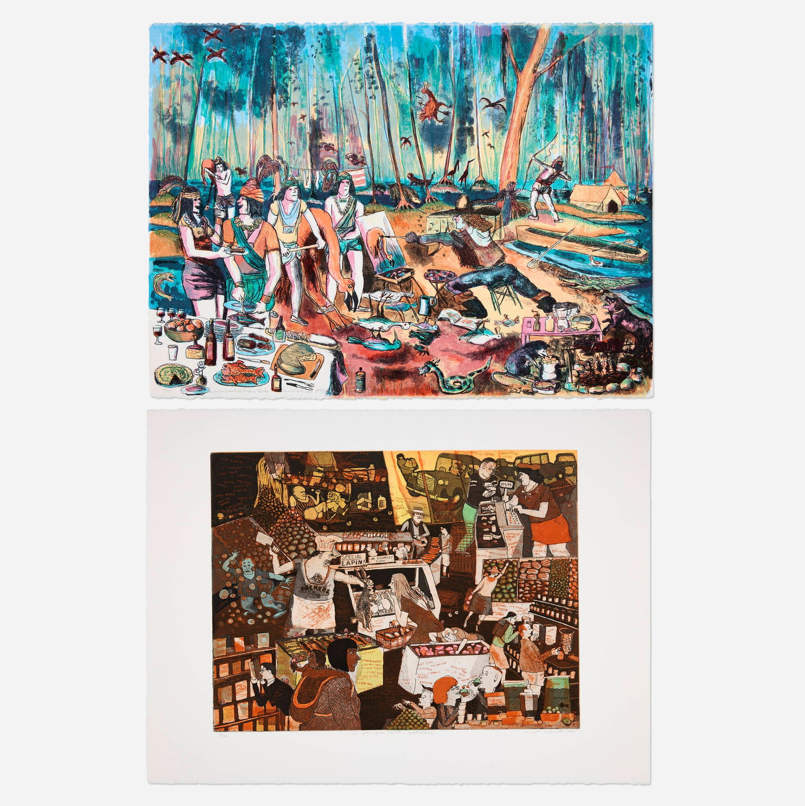 Warrington Colescott, Audubon Paints Birds of Florida; To Your Good Health, Gastronomes! (two works) (1 of 2)