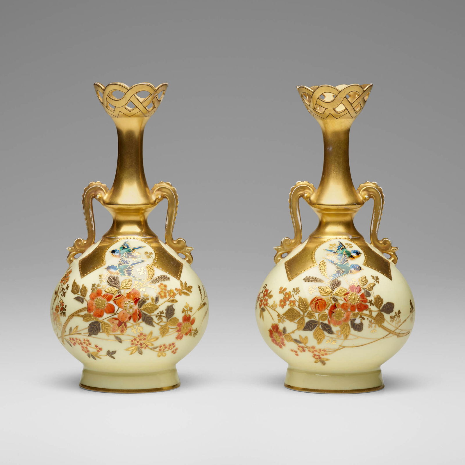 M. Redon Limoges, Vases with apple blossoms and bluebirds, pair (1 of 6)