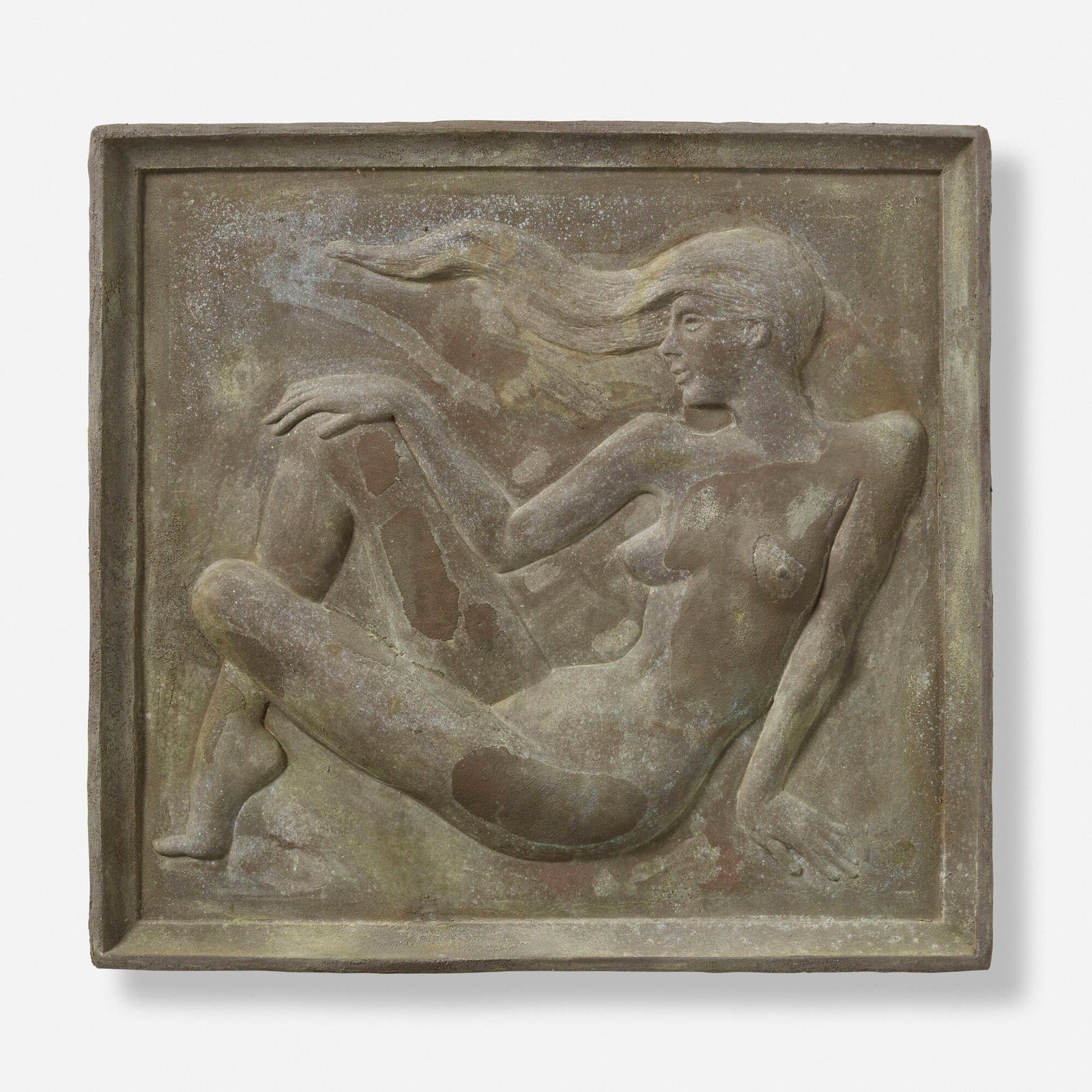 Ernesto Gonzales, Untitled (Female Nude): Ernesto Gonzales Untitled (Female Nude) c. 1968bronze drip coating over carved plaster, steel 25 h x 26 w x 2 d in (63 x 66 x 5 cm) Provenance: Gallery Ten10, Los Angeles | Im