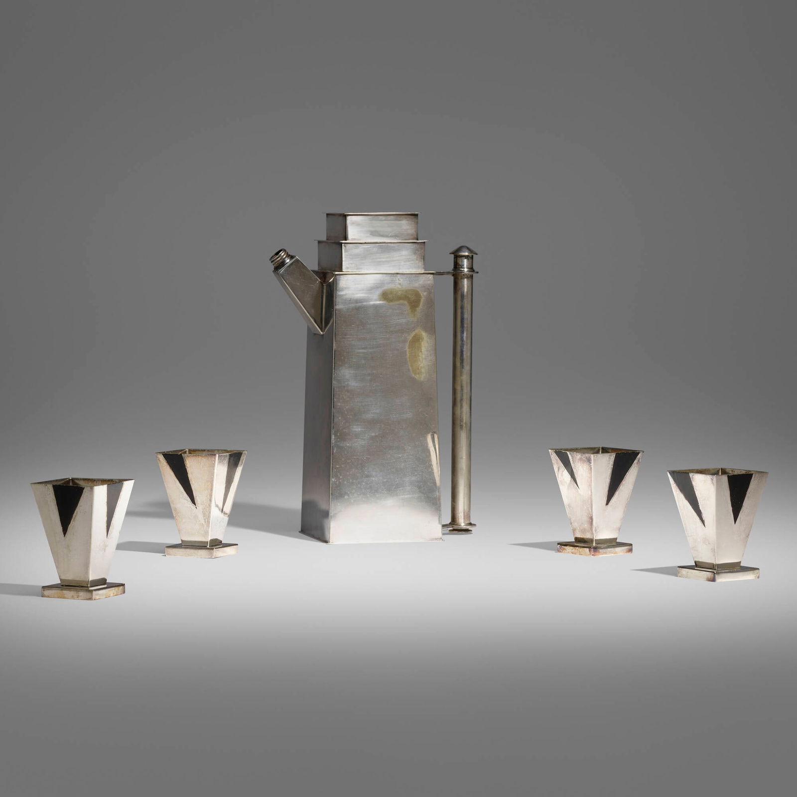 Louis W. Rice, Skyscraper cocktail service: Louis W. Rice Skyscraper cocktail service Bernard Rice's SonsUSA, c. 1928electroplated and painted nickel silver 11 h x 7.5 w x 4. d in (28 x 19 x 10 cm) 3.375 h x 2.25 w x 2.25 d in (9 x 6