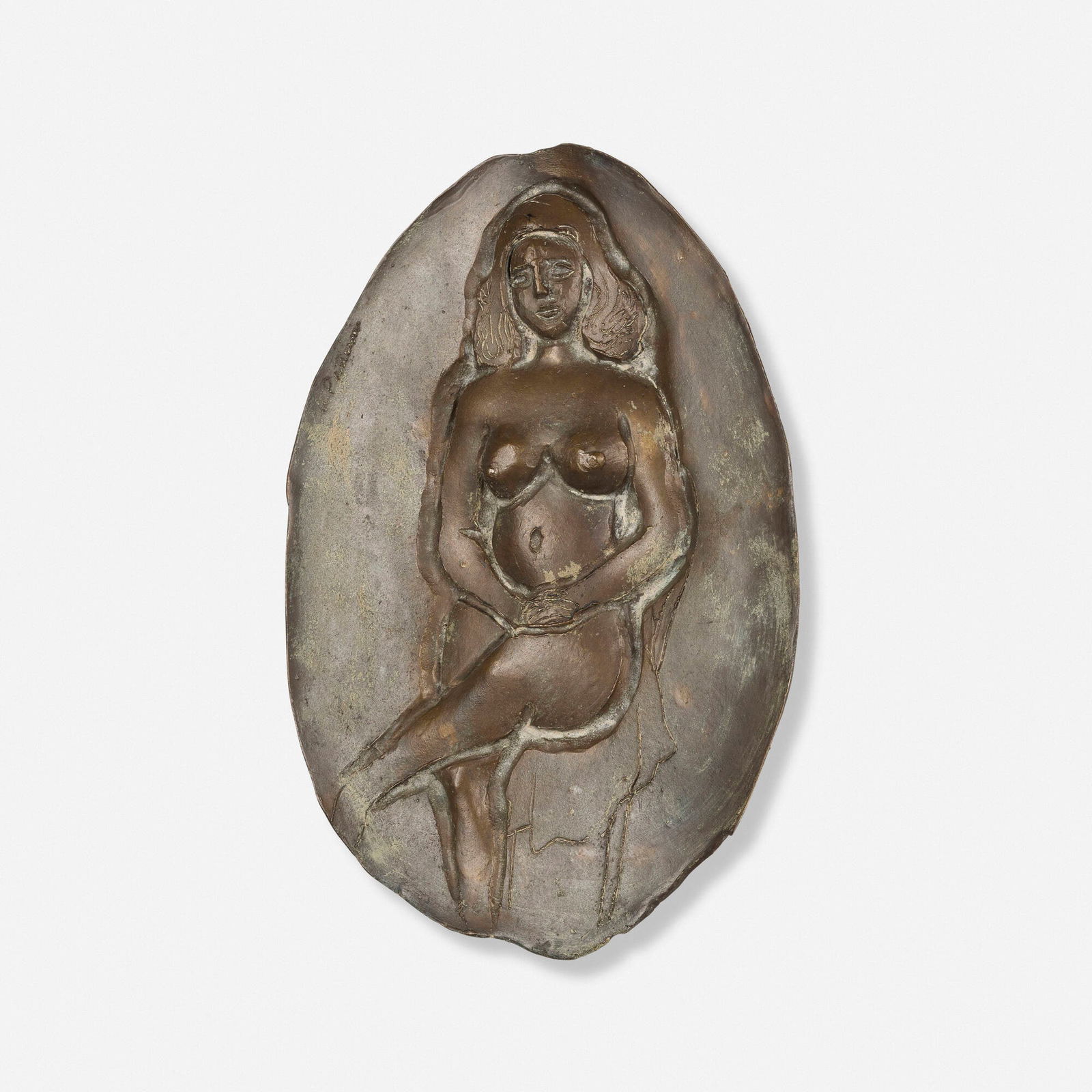 Abbott Pattison, Patricia: Abbott Pattison Patricia bronze 16 h x 11.5 w x 1.5 d in (41 x 29 x 4 cm) Incised signature to edge 'A. Pattison'. Signed, titled and inscribed to label verso 'A. Pattison Patricia only cast'. This