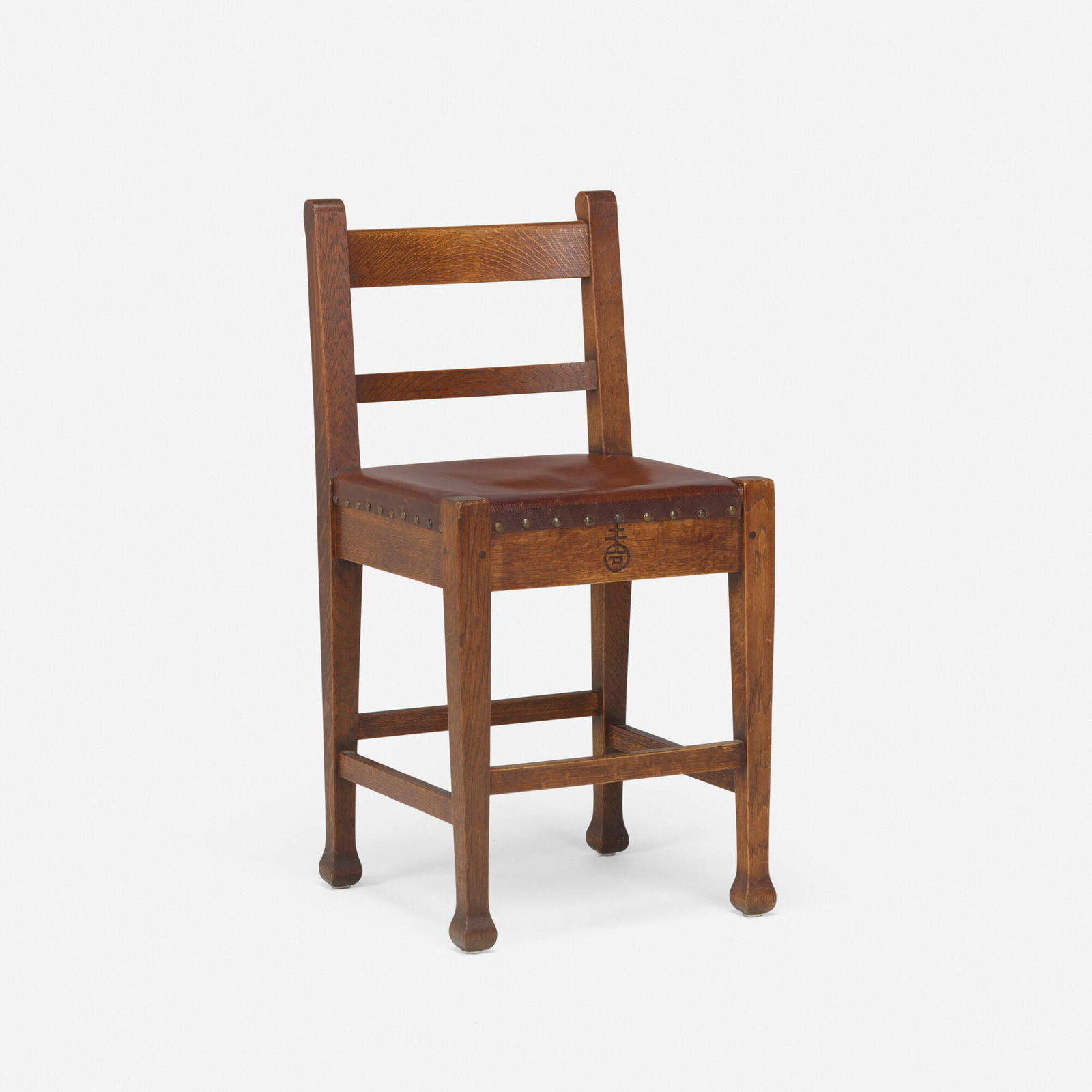 Roycroft, Marshall P. Wilder chair, model 035: Roycroft Marshall P. Wilder chair, model 035 USA, c. 1906oak, leather, patinated brass 35 h x 17 w x 17 d in (89 x 43 x 43 cm) Carved orb and cross mark to front. Literature:
