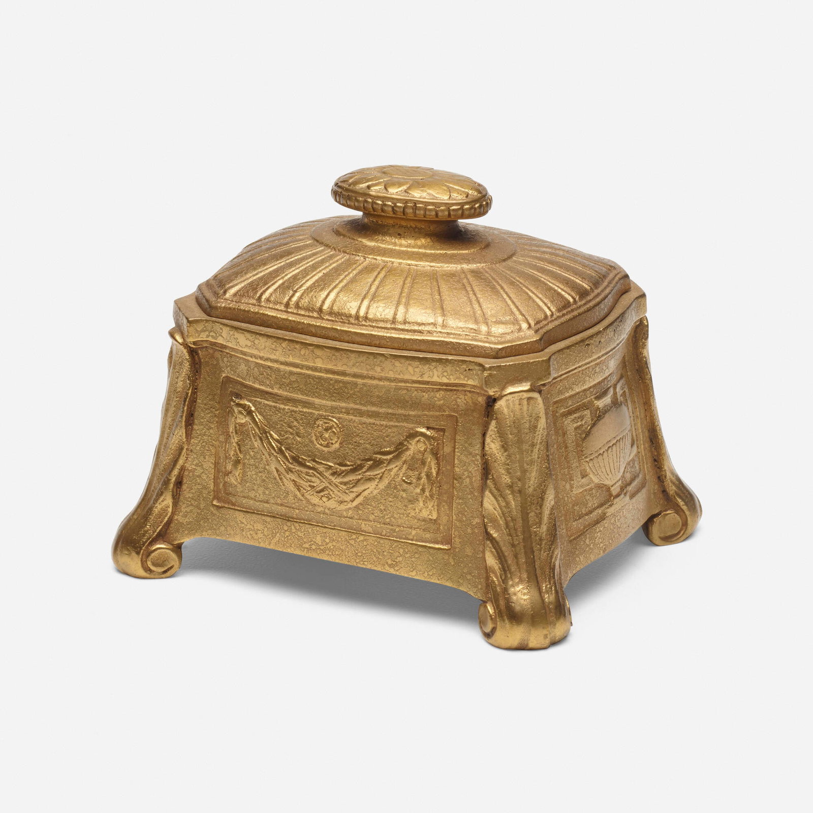Tiffany Studios, Louis XVI inkwell: Tiffany Studios Louis XVI inkwell USA, c. 1920 acid-etched and gilt bronze, glass 3.25 h x 3.75 w x 3 d in (8 x 10 x 8 cm) Impressed to underside 'TIFFANY STUDIOS NEW YORK 1825'.