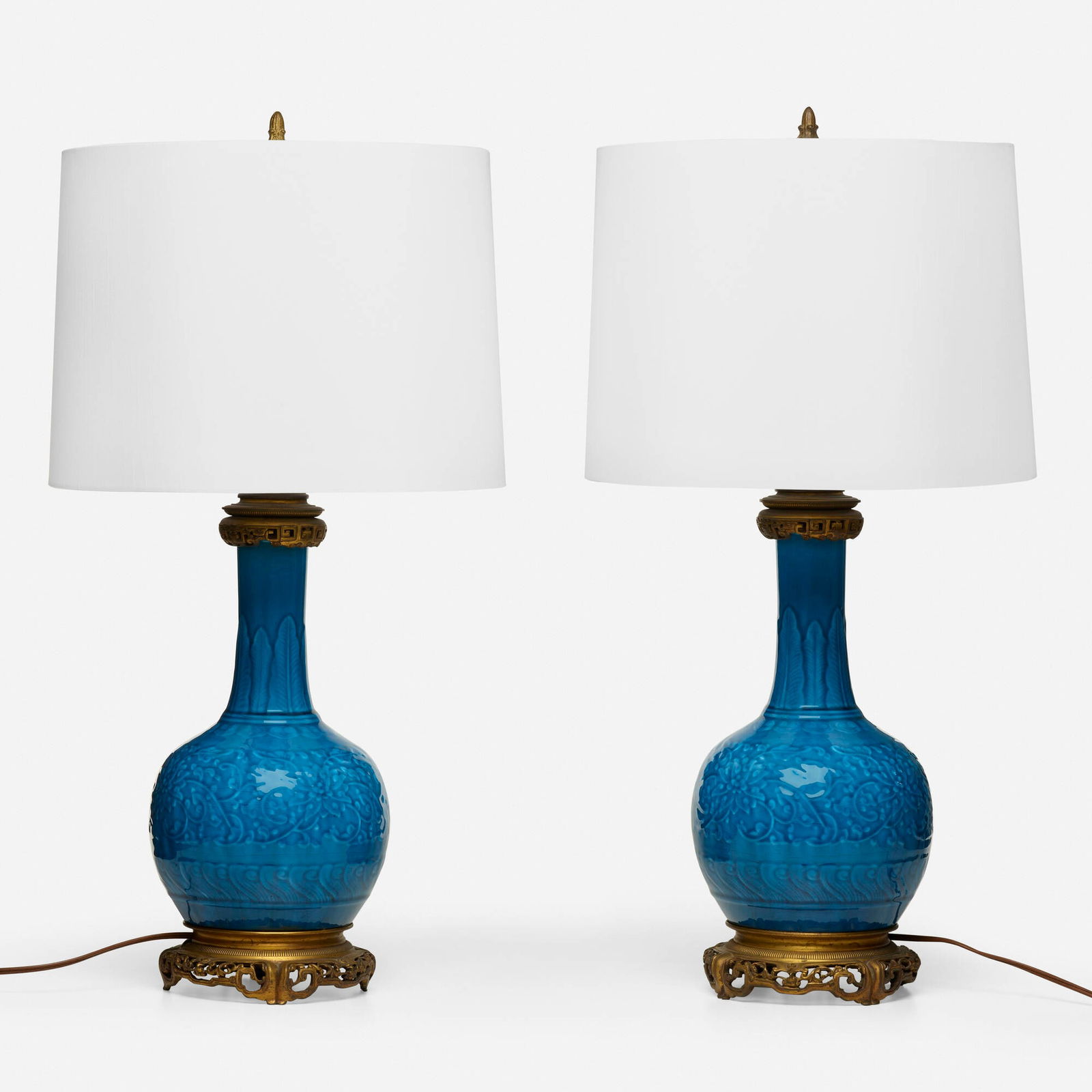 Theodore Deck, Table lamp bases, pair: Theodore Deck Table lamp bases, pair France, c. 1875Persian Blue-ground faience, ormolu 26.5 h x 7.375 dia in (67 x 19 cm) Impressed manufacturer's mark near foot of each example 'THD'.