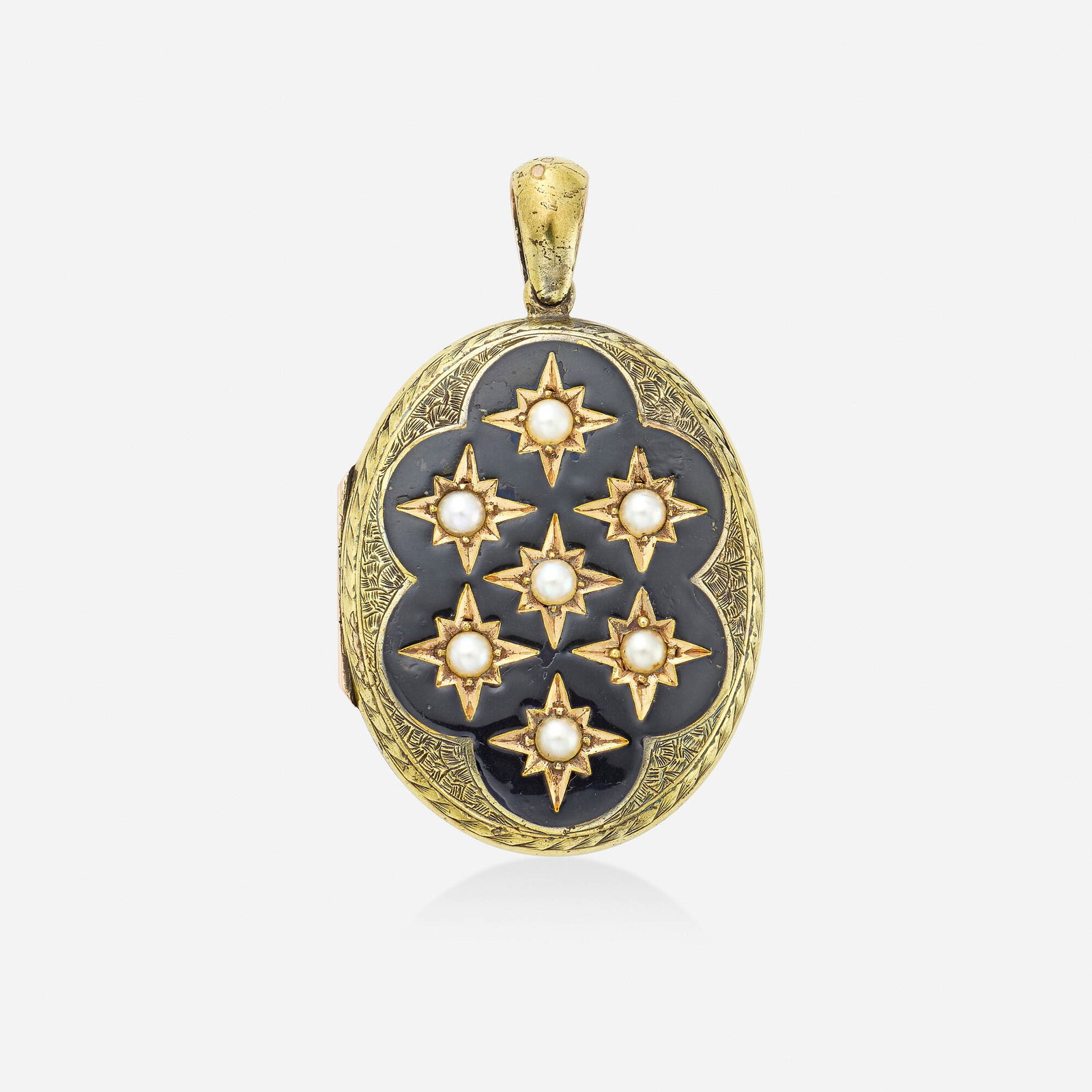 Victorian, Enamel and cultured pearl locket: Victorian Enamel and cultured pearl locket The locket star-set with cultured pearls, surrounded by black enamel, opens to two personal photos; 1880s Yellow gold-plated base metal 1.875 x 1.125 in; Gro