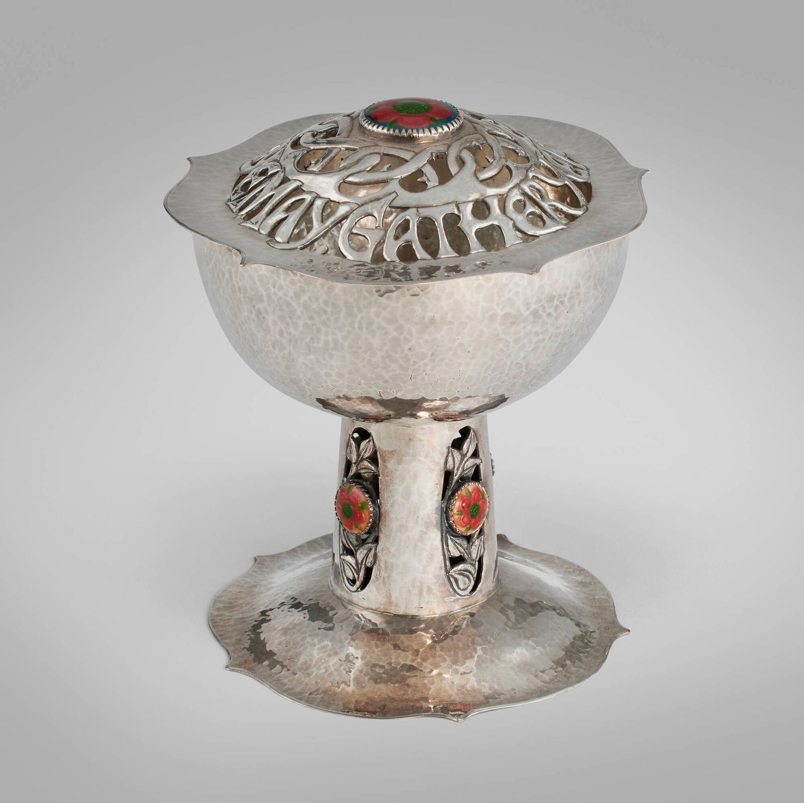 John Williams, Rare Irish Arts & Crafts potpourri casket: John Williams Rare Irish Arts & Crafts potpourri casket Fivemiletown, Co.County Tyrone, Ireland, c. 1906silver-plated copper, enamel 8.25 h x 6.875 dia in (21 x 17 cm) Potpourri casket f