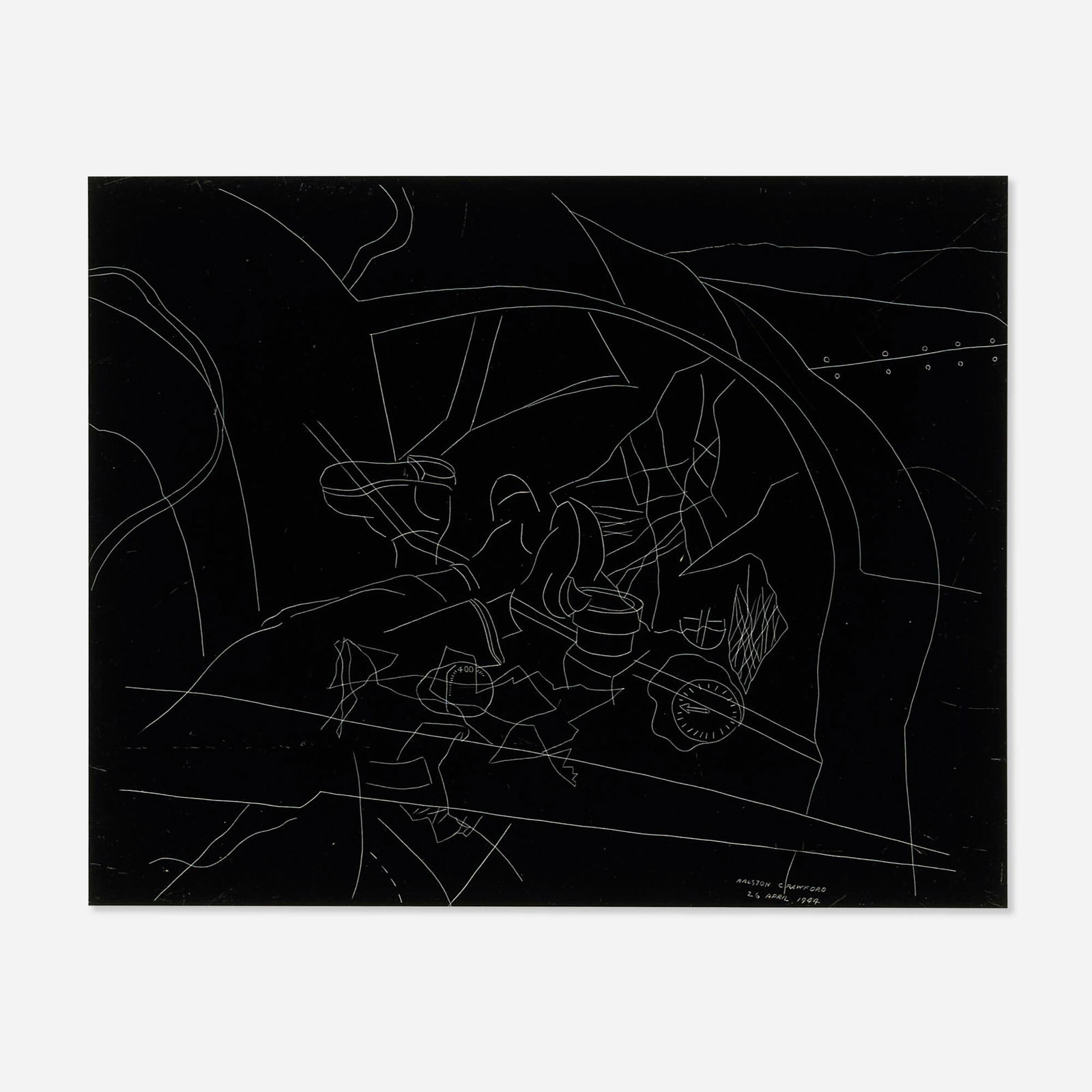 Ralston Crawford, Mission #2: Ralston Crawford Mission #2 1944scratchboard sight: 10.50 h x 13.25 w in (27 x 34 cm) Signed and dated to lower right 'Ralston Crawford 26 April, 1944'. Provenance: Hir