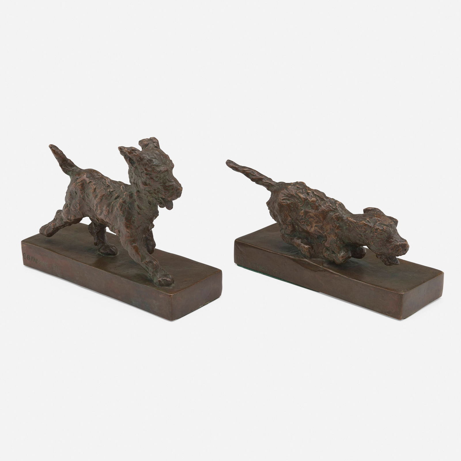 Edith Barretto Stevens Parsons, Walking Terrier and Running Terrier bookends: Edith Barretto Stevens Parsons Walking Terrier and Running Terrier bookends USA, first quarter of the 20th centurybronze 6 h x 7.75 w x 2.875 d in (15 x 20 x 7 cm) 4 h x 8.375 w x 2.875 d in (10 x