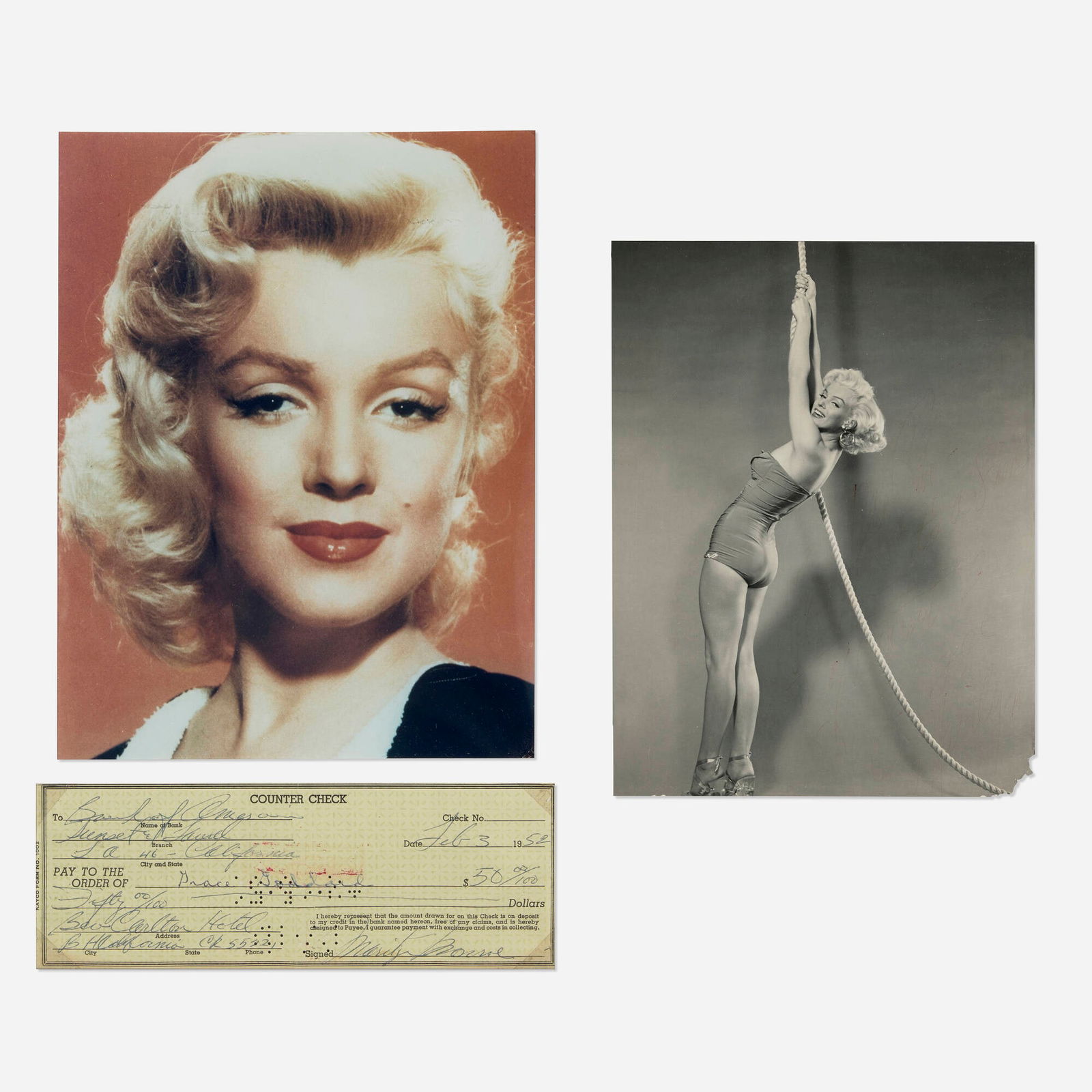 Marilyn Monroe, Signed check for Grace Goddard and photograph (1 of 3)