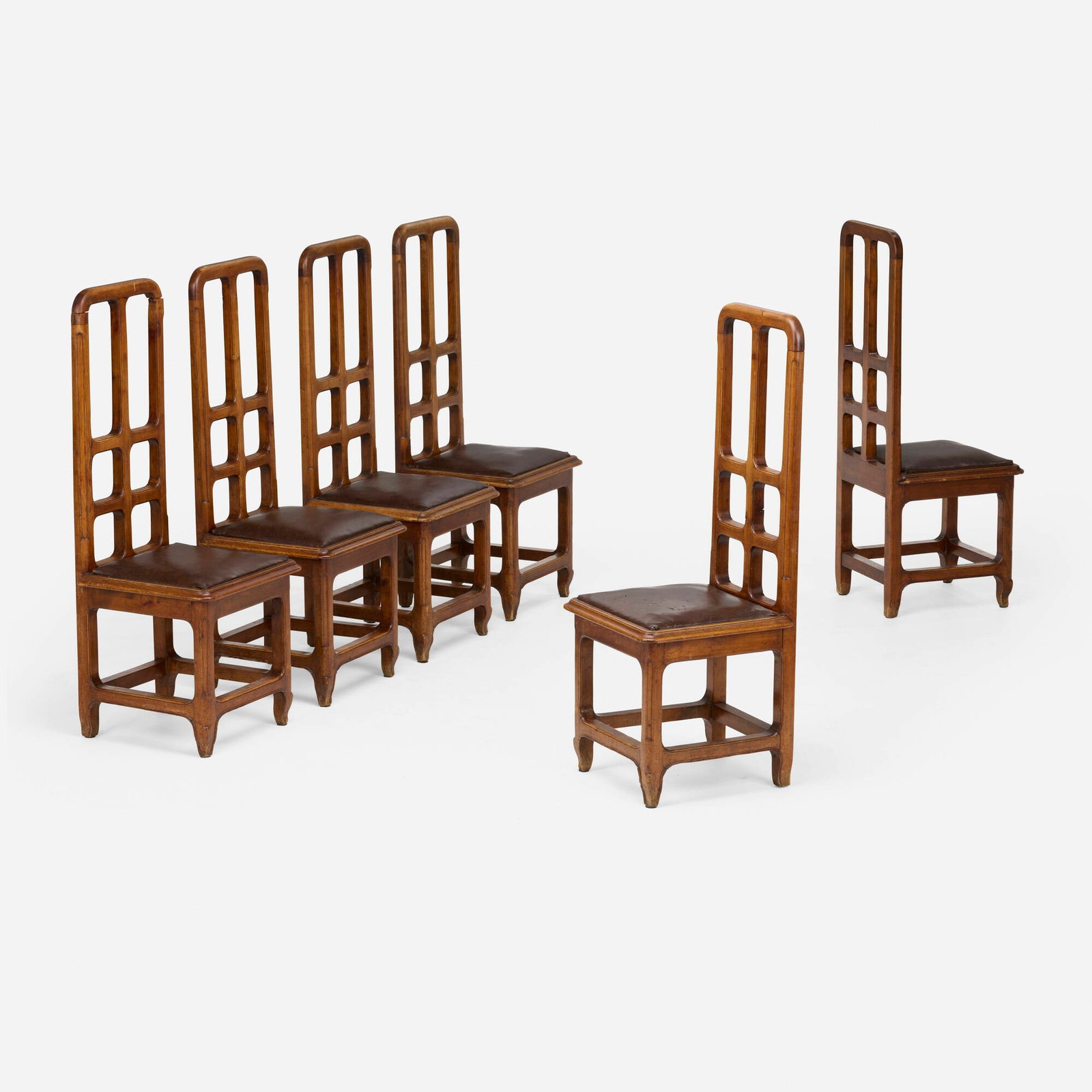 Modern, Dining chairs, set of six: Modern Dining chairs, set of six c. 1960 walnut, leather upholstery 44 h x 16 w x 16.5 d in (112 x 41 x 42 cm) This work will ship from Lambertville, New Jersey.