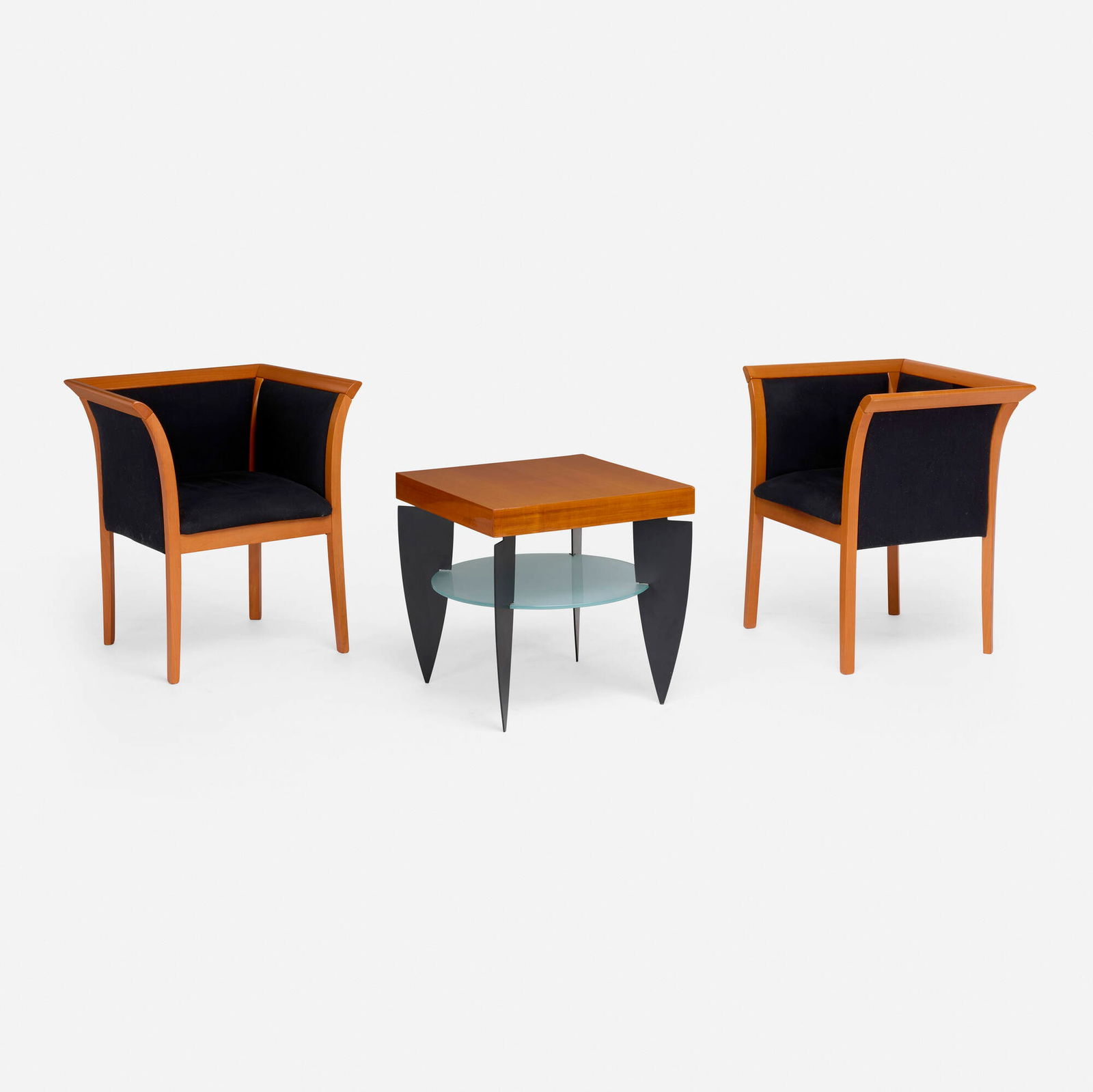 Enrique Garcel, Occasional table and chairs, pair: Enrique Garcel Occasional table and chairs, pair Colombia, c. 1980beech, upholstery, tropical hardwood veneer, powder-coated steel, frosted glass chairs: 29.75 h x 26.5 w x 22.25 d in (76 x 67 x 57 c
