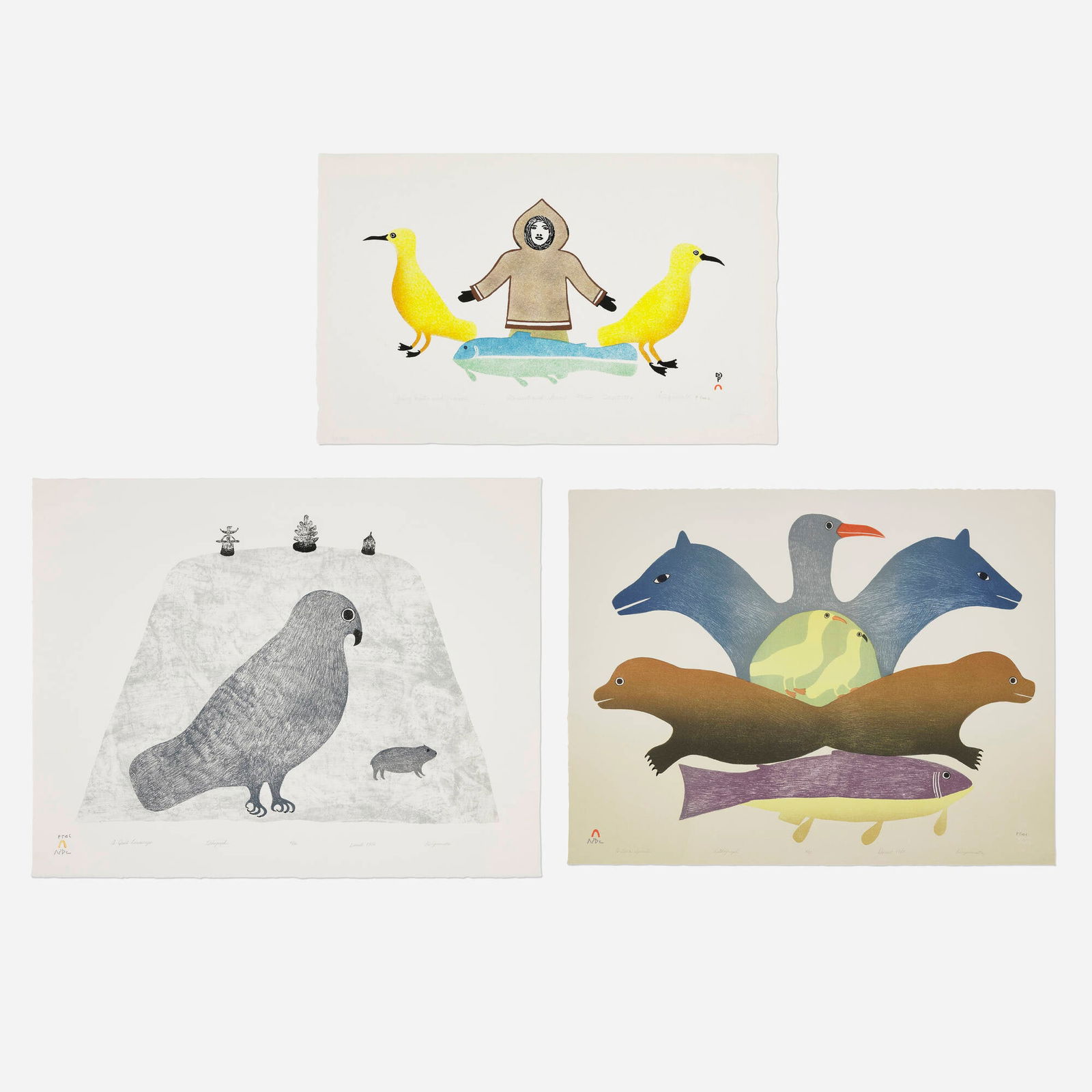 Kingmeata Etidlooie, Three works: Kingmeata Etidlooie Three works 1982, 1986, 1988stonecut and stencil in colors; lithograph in colors; lithograph in colors 15.5 h x 24.5 w in (39 x 62 cm) 21.25 h x 27.25 w in (54 x 69 cm) 20 h