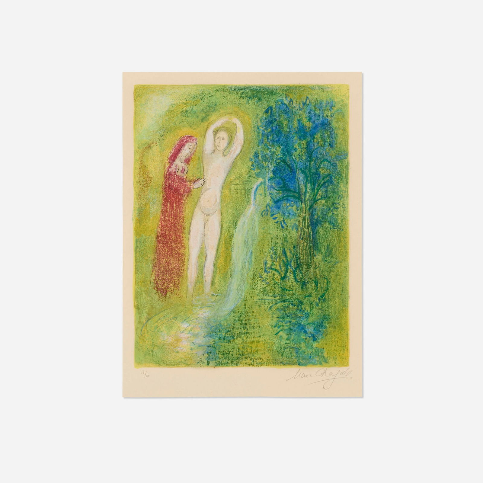 Marc Chagall, Daphnis et Chloe au Bord de la Fontaine (from Daphnis et Chloe): Marc Chagall Daphnis et Chloe au Bord de la Fontaine (from Daphnis et Chloe) 1961lithograph in colors on Arches image: 16.75 h x 12.75 w in (43 x 32 cm) sheet: 21.25 h x 15 w in (54 x 38 cm)