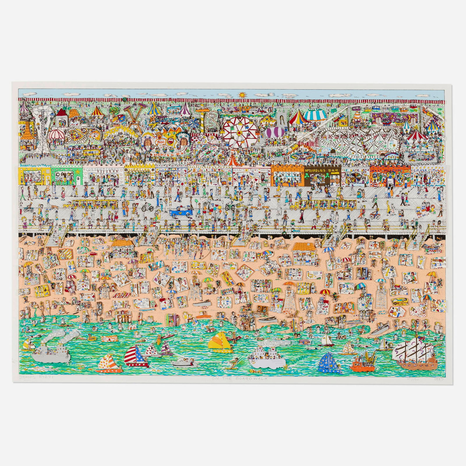 James Rizzi, On The Boardwalk: James Rizzi On The Boardwalk 1985three-dimensional lithograph in colors image: 23 h x 34 w in (58 x 86 cm) sight: 24 h x 35.25 w in (61 x 90 cm) Signed, titled, dated and numbered to lower