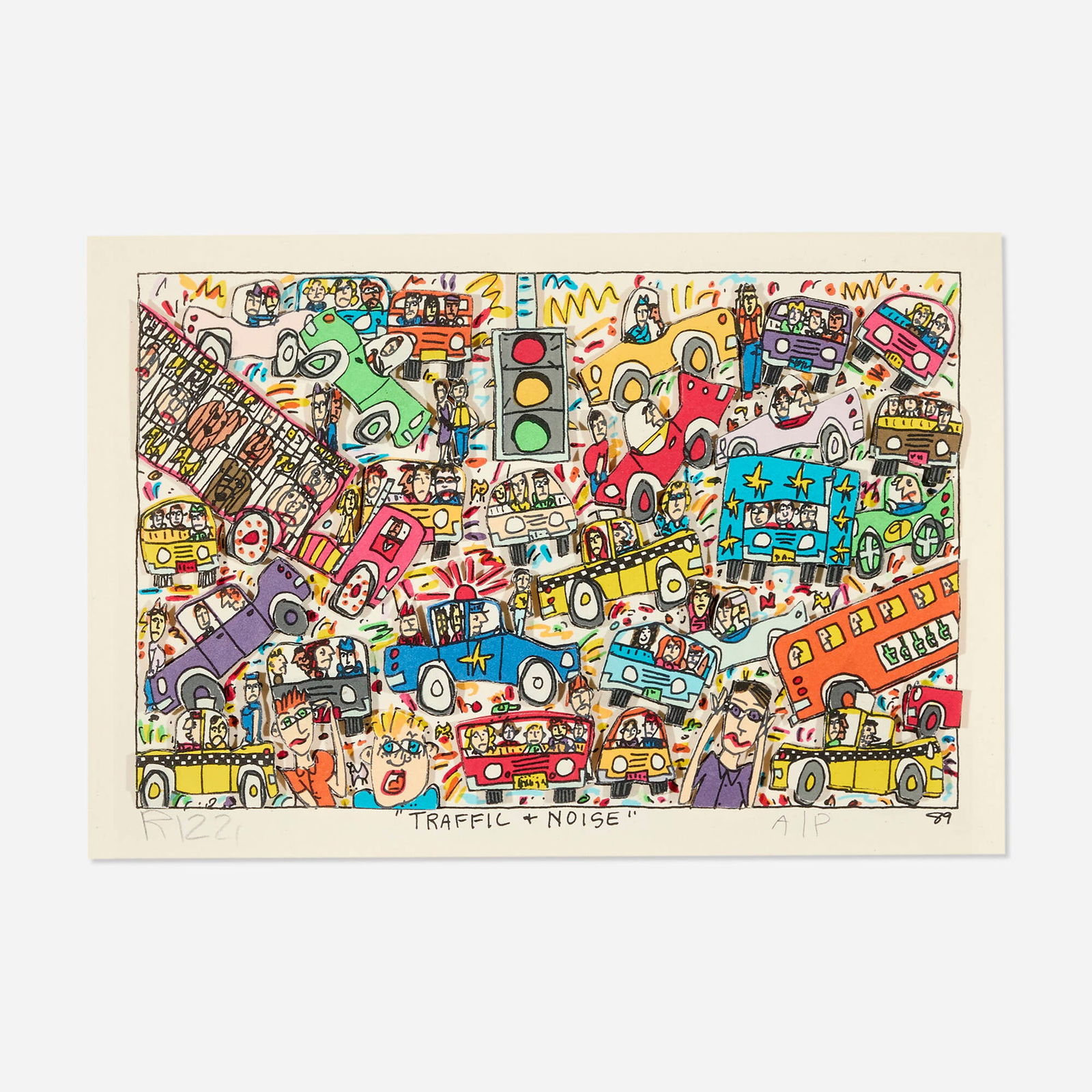James Rizzi, Traffic + Noise: James Rizzi Traffic + Noise 1989three-dimensional lithograph in colors sight: 6 h x 8.75 w in (15 x 22 cm) Signed, titled, dated and numbered to lower edge 'Rizzi Traffic + Noise A/P '89'. Thi