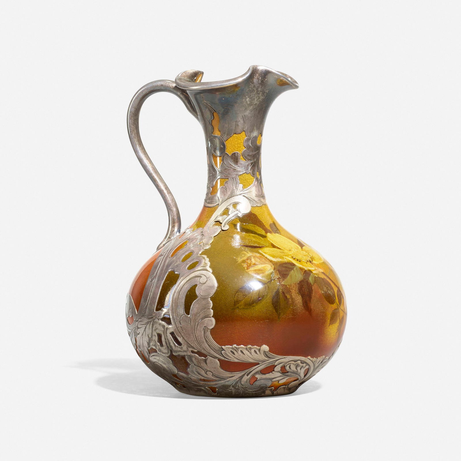 Helen Pabodie Stuntz for Rookwood Pottery, Standard Glaze ewer with silver overlay (1 of 4)