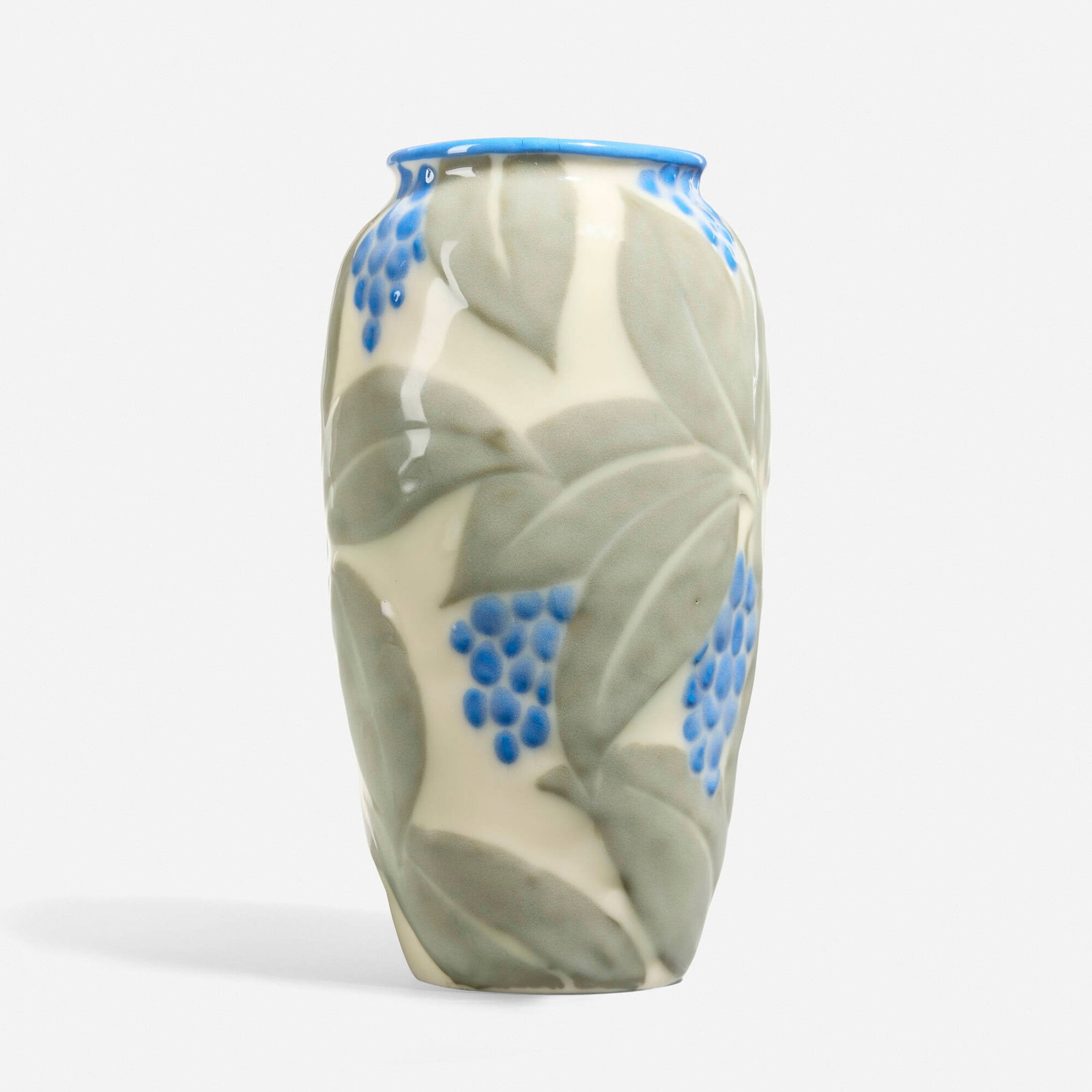 Elizabeth Barrett for Rookwood Pottery, Wax Mat vase with silky dogwood berries and leaves: Elizabeth Barrett for Rookwood Pottery Wax Mat vase with silky dogwood berries and leaves USA, 1935glazed porcelain 8.875 h x 4.75 dia in (23 x 12 cm) Vase features a glossy glaze. Impressed m