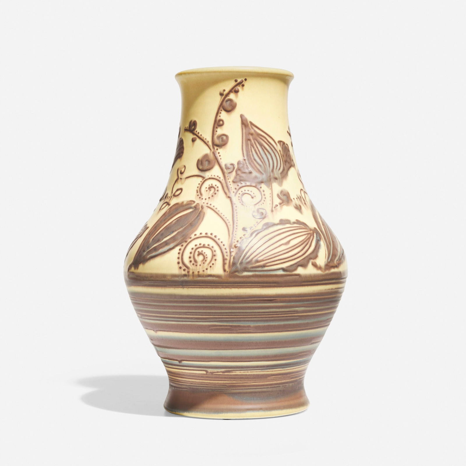 Elizabeth Barrett for Rookwood Pottery, Later Mat/Mat Moderne vase with stylized milkweed: Elizabeth Barrett for Rookwood Pottery Later Mat/Mat Moderne vase with stylized milkweed USA, 1928glazed porcelain with squeezebag decoration 12.375 h x 8.25 dia in (31 x 21 cm) Impressed manu