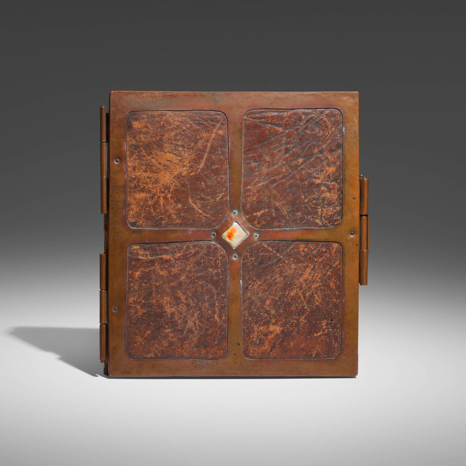 Charles Frederick Eaton and Robert Wilson Hyde, Album cover and prayer book: Charles Frederick Eaton and Robert Wilson Hyde Album cover and hand-illuminated 23rd psalm prayer book USA, c. 1905leather, copper, mother-of-pearl, hand-painted vellum 8.125 h x 7.5 w x 1 d in (21 x