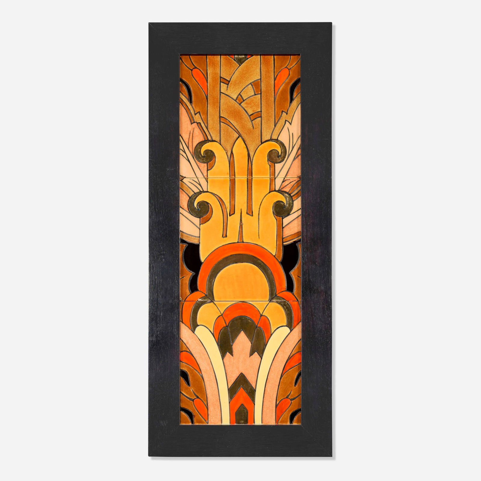 American Encaustic Tiling Co., Los Angeles, Art Deco three-tile tableau with Aztec motif: American Encaustic Tiling Co., Los Angeles Art Deco three-tile tableau with Aztec motif USA, c. 1930glazed earthenware sight (overall): 17 h x 5.5 w in (43 x 14 cm) This work will