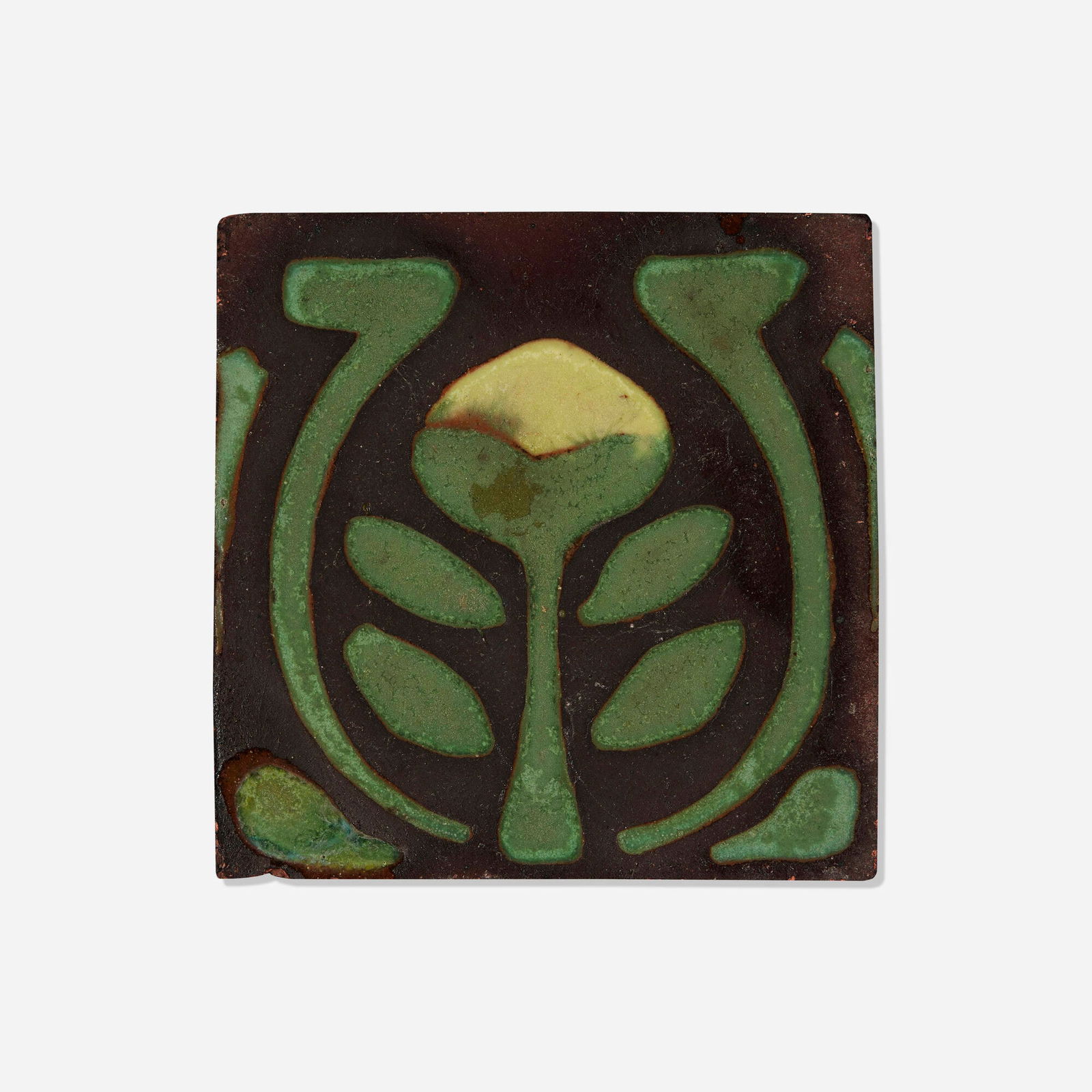 Van Briggle Pottery, Early tile with vegetal cross-section design: Van Briggle Pottery Early tile with vegetal cross-section design USA, c. 1907-08glazed earthenware 5.75 h x 5.75 w x 1 d in (15 x 15 x 3 cm) Illegible incised numbers to reverse.