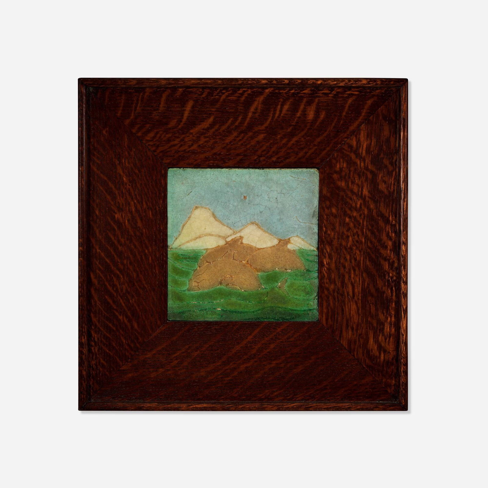 Grueby Faience Company, Tile with dolphins and icebergs: Grueby Faience Company Tile with dolphins and icebergs USA, c. 1910glazed earthenware decorated in cuenca 4 h x 4 w x 1 d in (10 x 10 x 3 cm) Glazed decorator's initials to reverse 'MM'.