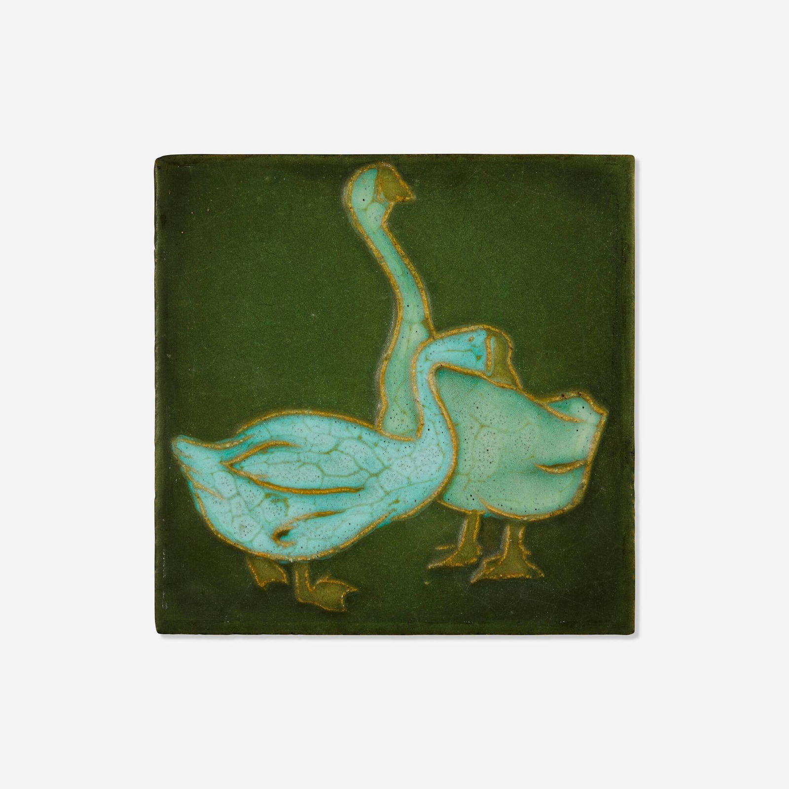 Rookwood Faience, Architectural tile with geese: Rookwood Faience Architectural tile with geese USA, c. 1915glazed earthenware 8 h x 8 w x .75 d in (20 x 20 x 2 cm) Impressed manufacturer's mark and number to reverse 'Rookwood Faience 1220 Y