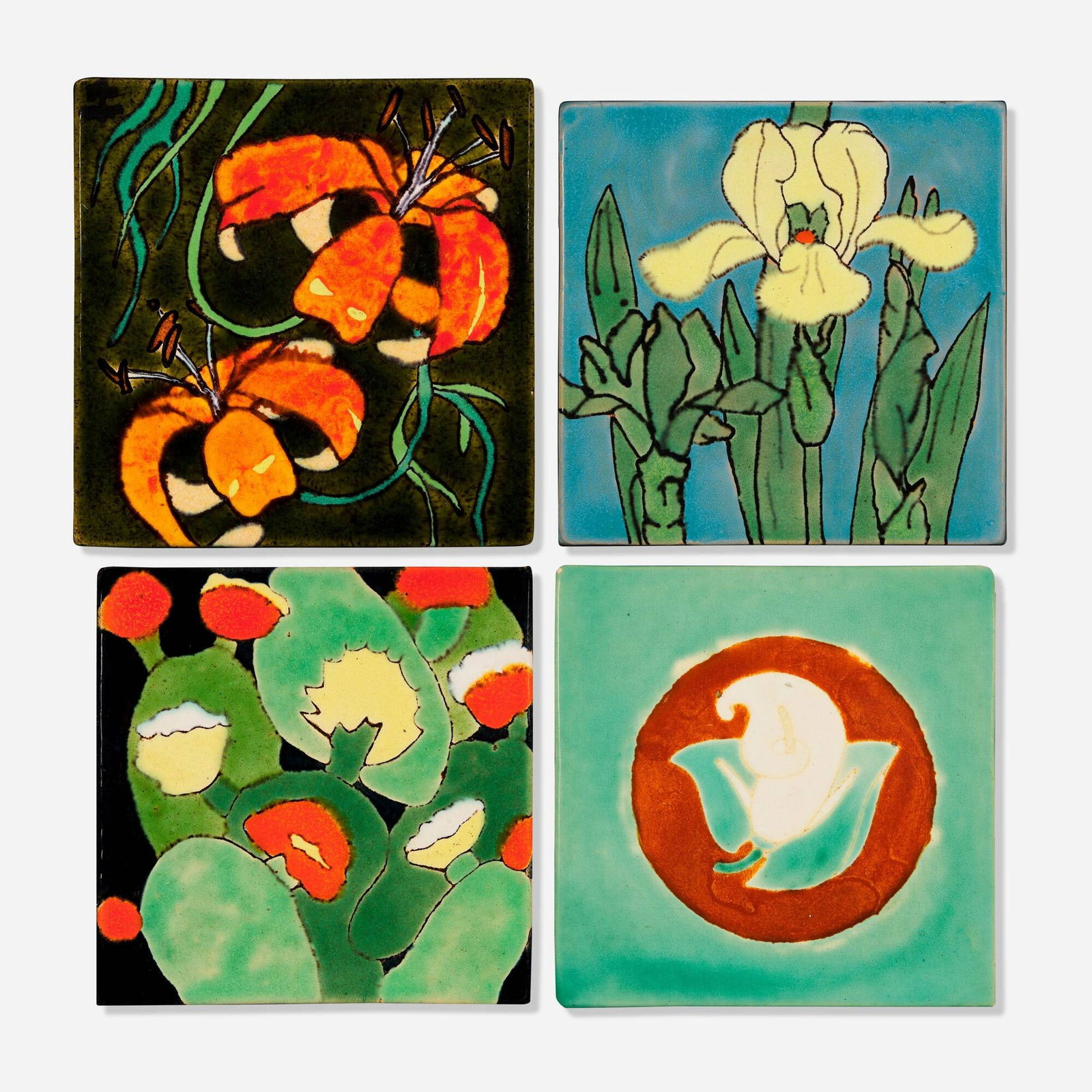 San Jose Pottery, Collection of four tiles with flowers: San Jose Pottery Collection of four tiles with flowers USA, c. 1945glazed earthenware largest: 6.125 h x 6.25 w x 0.5 d in (16 x 16 x 1 cm) smallest: 5.75 h x 5.875 w x 0.5 d in (15 x 15 x 1 cm)
