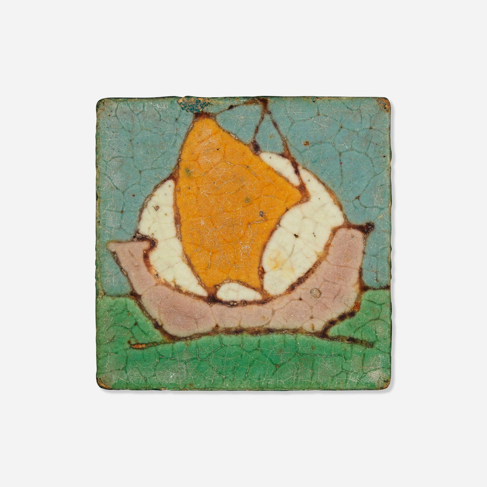 Grueby Faience Company, Rare tile with sailing ship and full moon: Grueby Faience Company Rare tile with sailing ship and full moon USA, c. 1915glazed earthenware decorated in cuerda seca 4 h x 4 w x .75 d in (10 x 10 x 2 cm) The present example is one of thr
