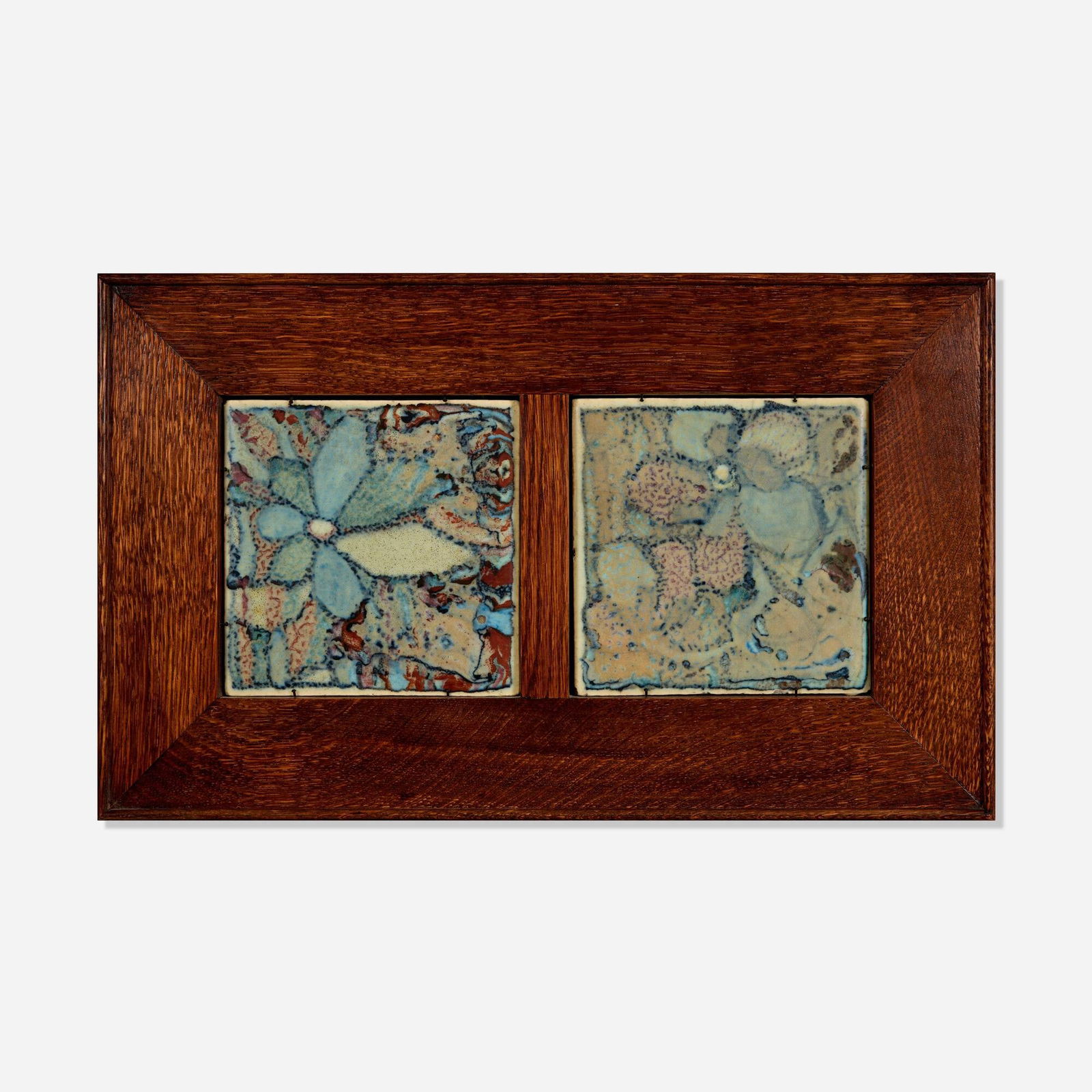 Jens Jensen, attribution for Rookwood Pottery, Double Vellum/Decorated Mat tiles, set of two: Jens Jensen, attribution for Rookwood Pottery Double Vellum/Decorated Mat tiles with flowers, set of two USA, c. 1945glazed earthenware 6 h x 6 w in (15 x 15 cm) Impressed manufacturer's mark