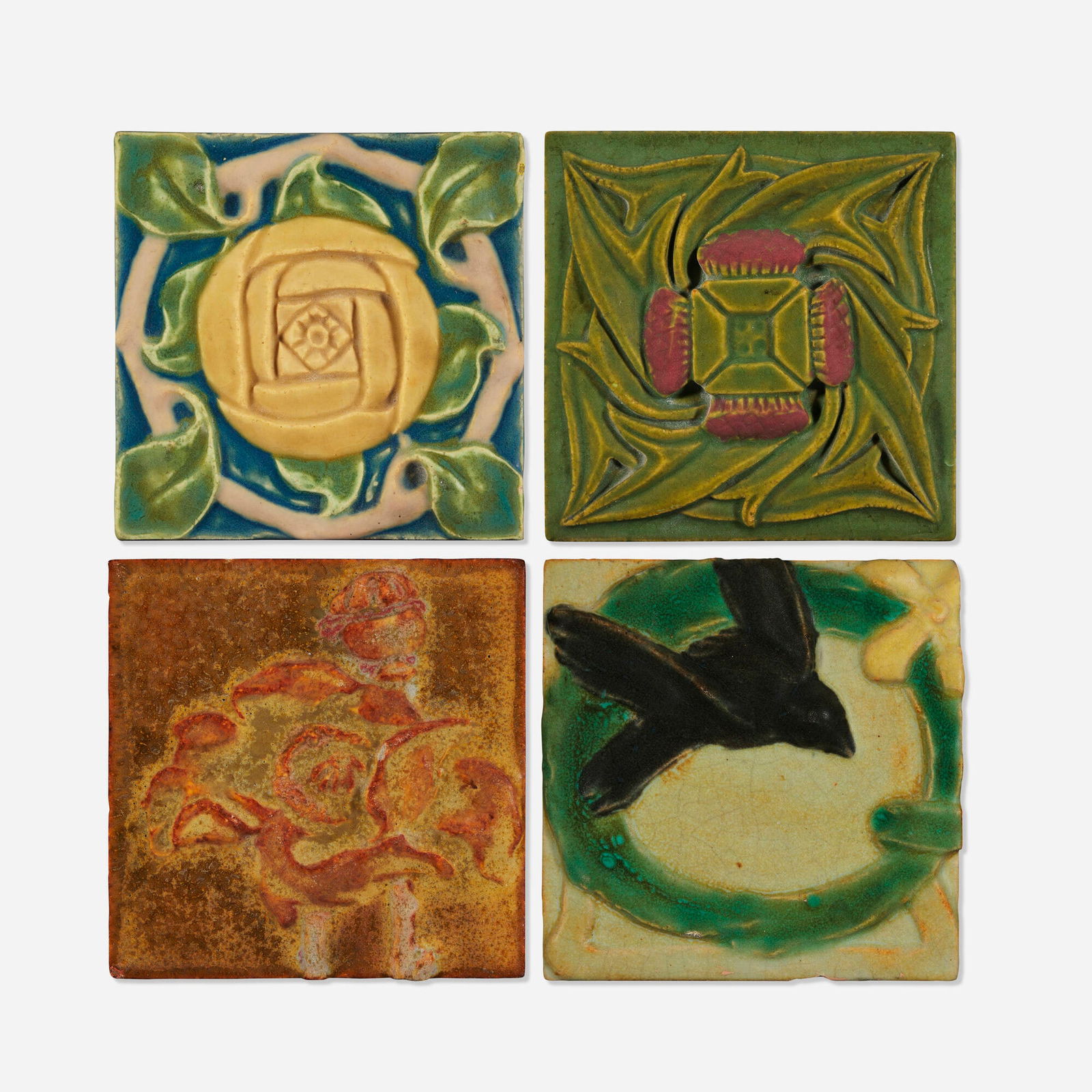 Rookwood Faience, Collection of four architectural tiles: Rookwood Faience Collection of four architectural tiles USA, c. 1904, c. 1915-25glazed earthenware 6 h x 6 w x 1 d in (15 x 15 x 3 cm) Collection is comprised of an early example with flying r