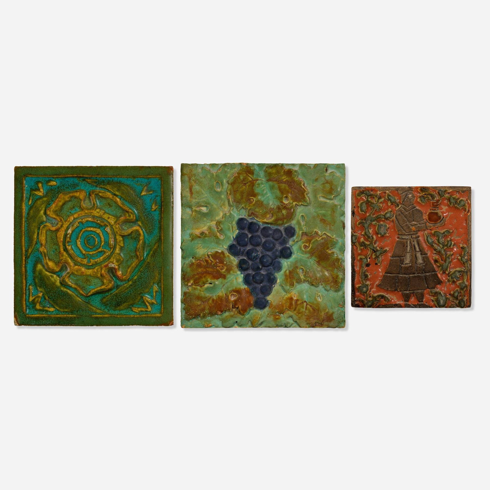 Rookwood Faience, Collection of three tiles: Rookwood Faience Collection of three tiles USA, c. 1915glazed earthenware 8 h x 8 w x 1 d in (20 x 20 x 3 cm) 6 h x 6 w x 1 d in (15 x 15 x 3 cm) The unmarked grapevine tile was used as a k