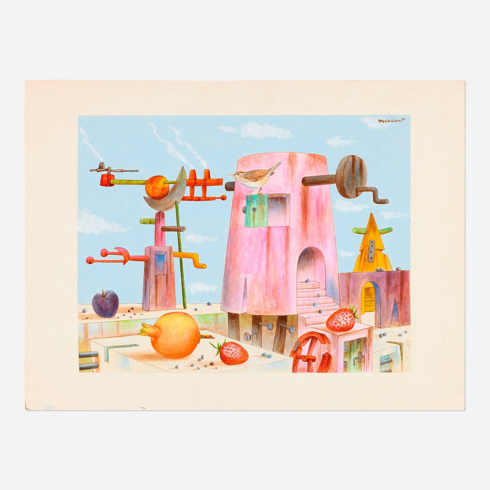 Tobias Musicant, Untitled (The Pink Tower): Tobias Musicant Untitled (The Pink Tower) oil and ink on paper laid to board image: 14 h x 18.125 w in (36 x 46 cm) sheet: 18 h x 23.875 w in (46 x 61 cm) Signed to lower right 'Musicant'.