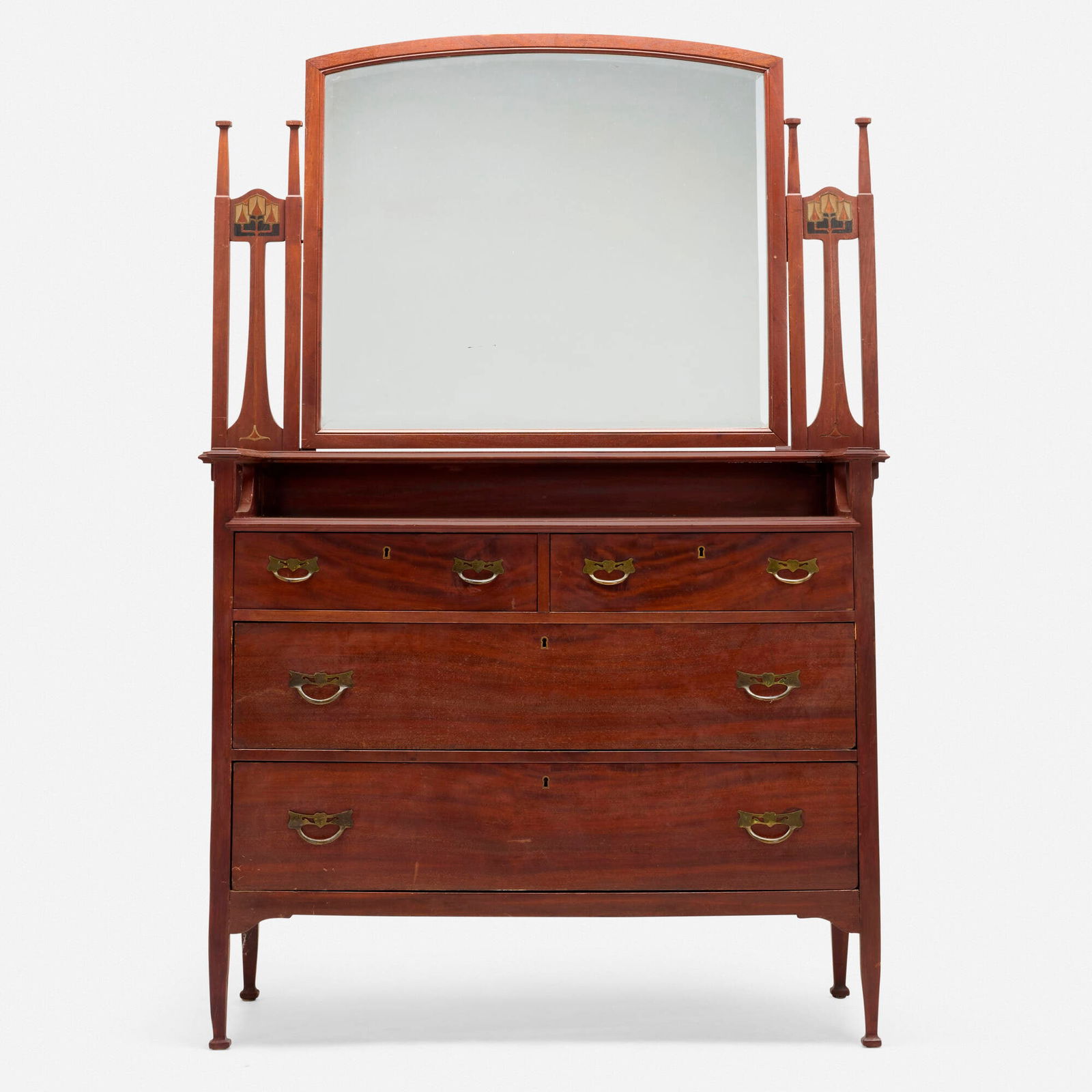 Luce Furniture Company, Inlaid dresser with mirror: Luce Furniture Company Inlaid dresser with mirror USA, c. 1900mahogany, brass, ebony 65.500 h x 47.000 w x 22.500 d in (166 x 119 x 57 cm) This English-influenced dresser features inlaid suppo