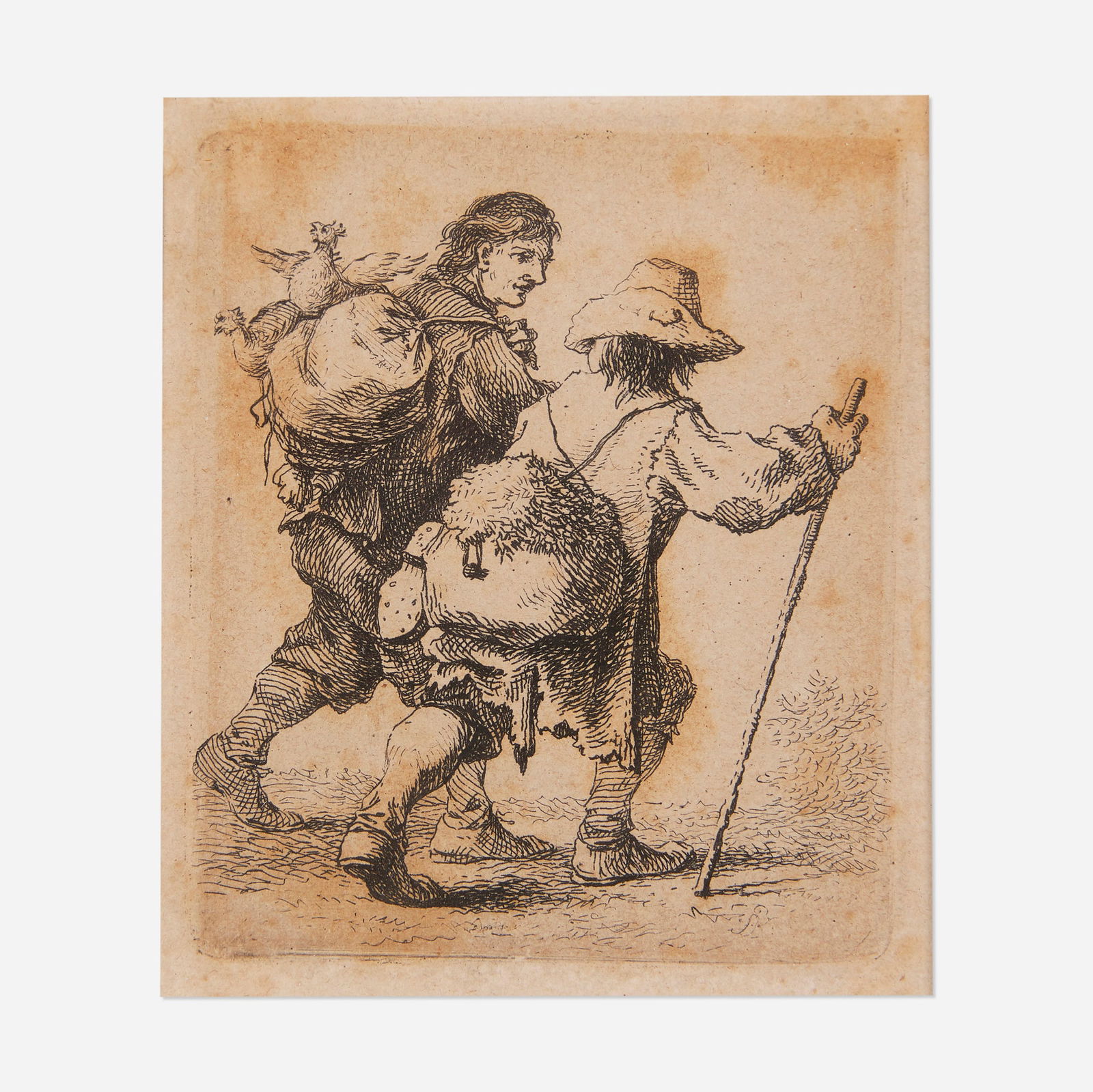 Ferdinand Kobell, Travelers with Knapsacks: Ferdinand Kobell Travelers with Knapsacks 18th centuryetching image: 2.625 h x 2.250 w in (7 x 6 cm) sight: 2.750 h x 2.500 w in (7 x 6 cm) This work will ship from Chicago, Il