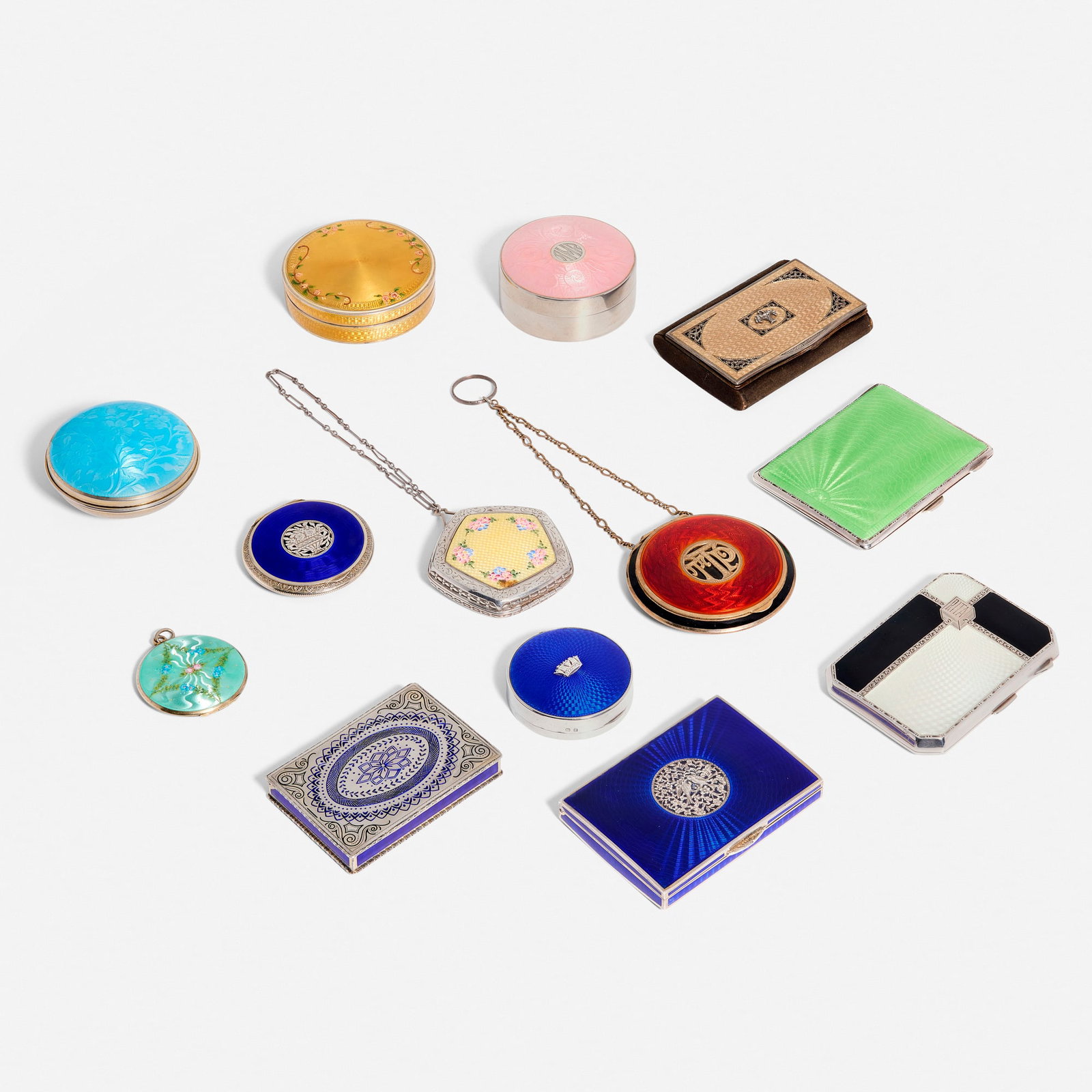 Various Makers, Collection of thirteen works: Various Makers Collection of thirteen works 20th century guilloche enamel, sterling silver parcel-gilt, silver, metal, mirrored glass, red glass cabochon, pressed powder, plastic largest: 3.250 h x 2.