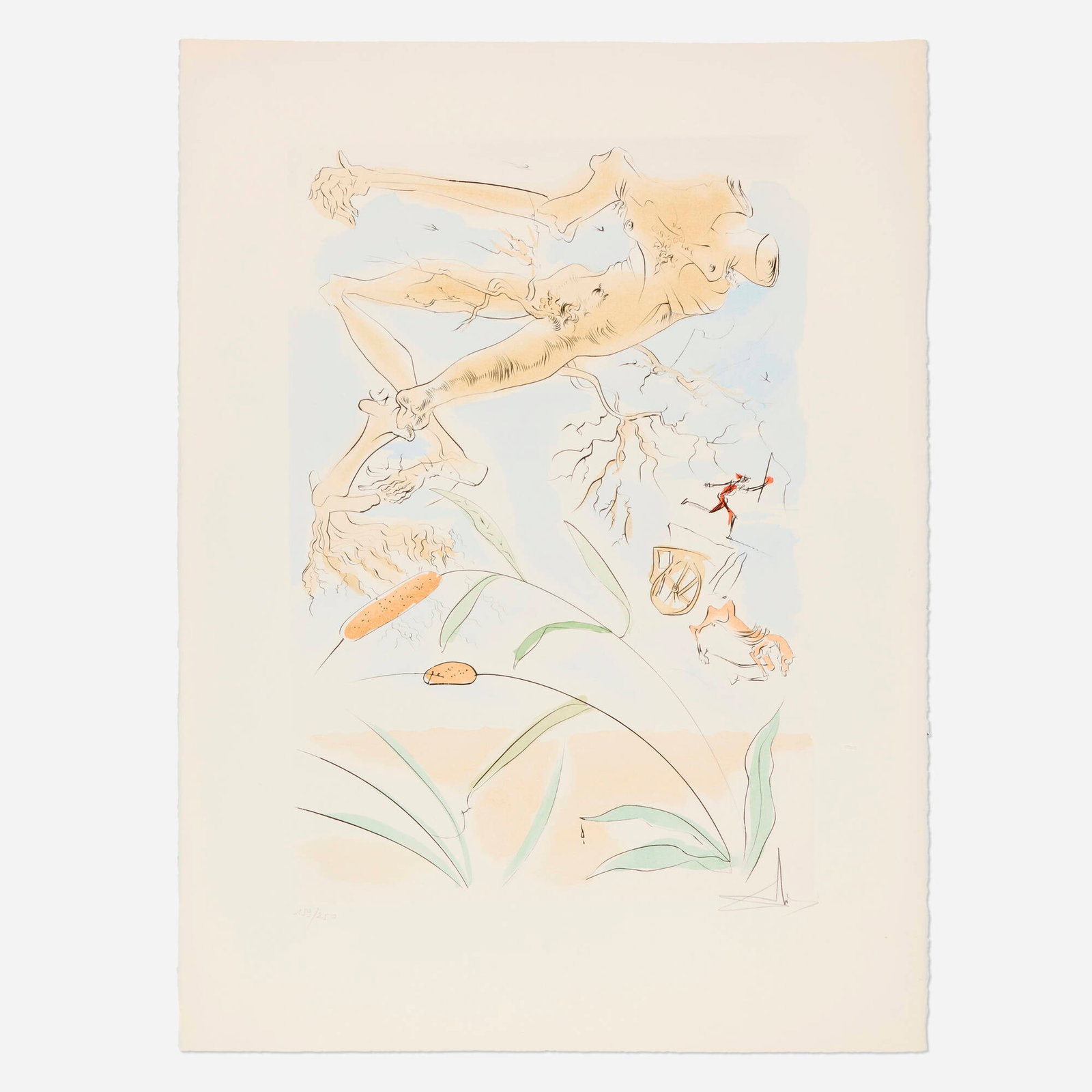 Salvador Dali, Le chene et le roseau (from the Le Bestiaire de La Fontaine Dalinise portfolio): Salvador Dali Le chene et le roseau (from the Le Bestiaire de La Fontaine Dalinise portfolio) 1974 etching with drypoint in colors and pochoir on Arches image: 22.625 h x 15.5 w in (57 x 39 cm) she