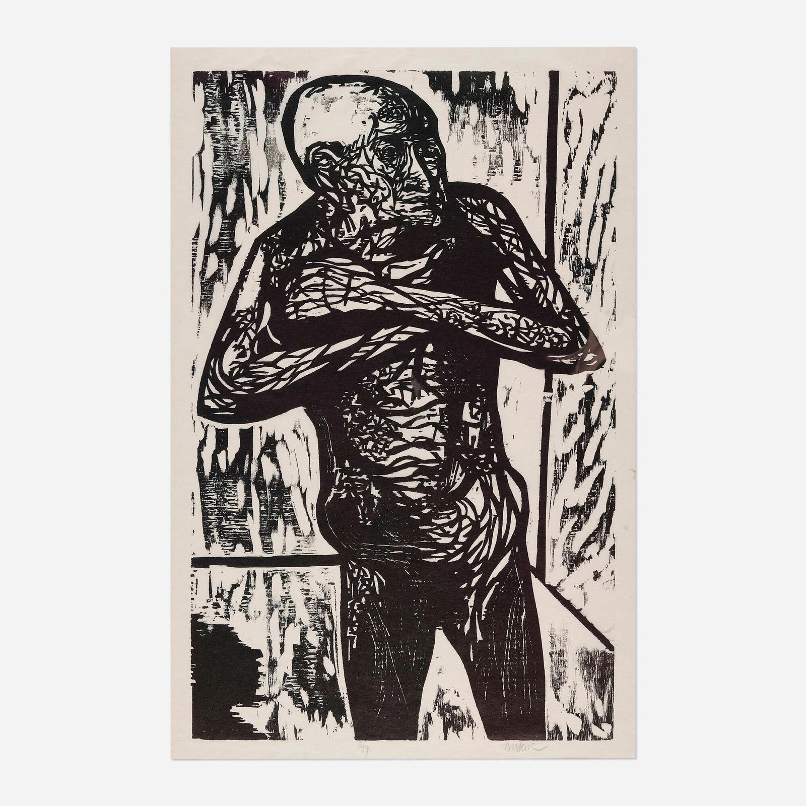 Leonard Baskin, Terrified Old Man: Leonard Baskin Terrified Old Man c. 1950woodcut image: 24 h x 15.25 w in (61 x 39 cm) sheet: 27.75 h x 24.5 w in (61 x 39 cm) Signed and numbered to lower margin '2/9 Baskin'. This work is