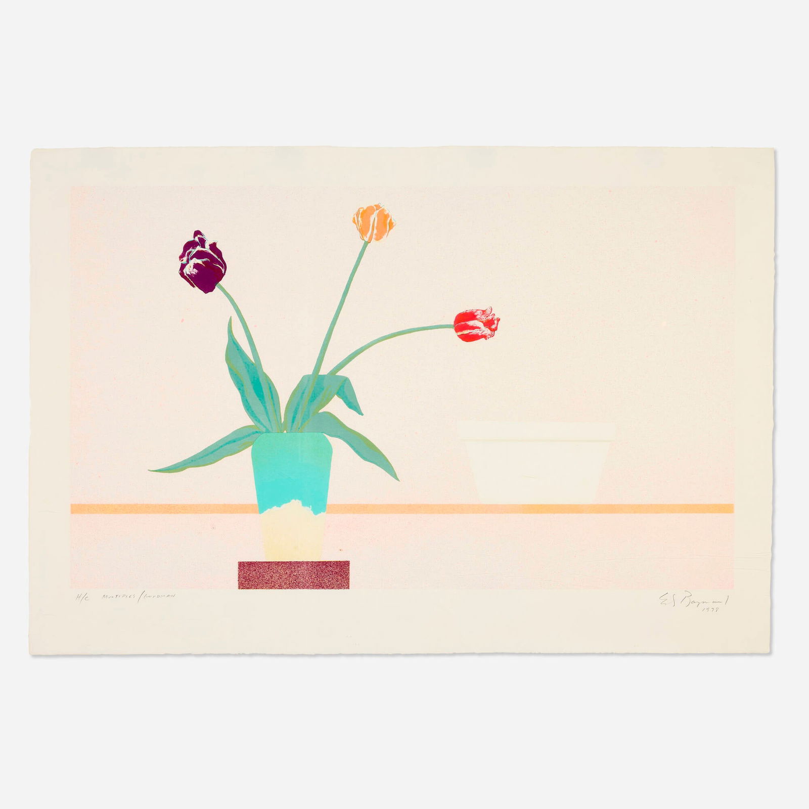 Ed Baynard, Untitled (Vase of Tulips): Ed Baynard Untitled (Vase of Tulips) 1978aquatint in colors image: 22 h x 36.125 w in (56 x 92 cm) sheet: 27.75 h x 40.25 w in (56 x 92 cm) Signed, dated, numbered and inscribed to lower ma