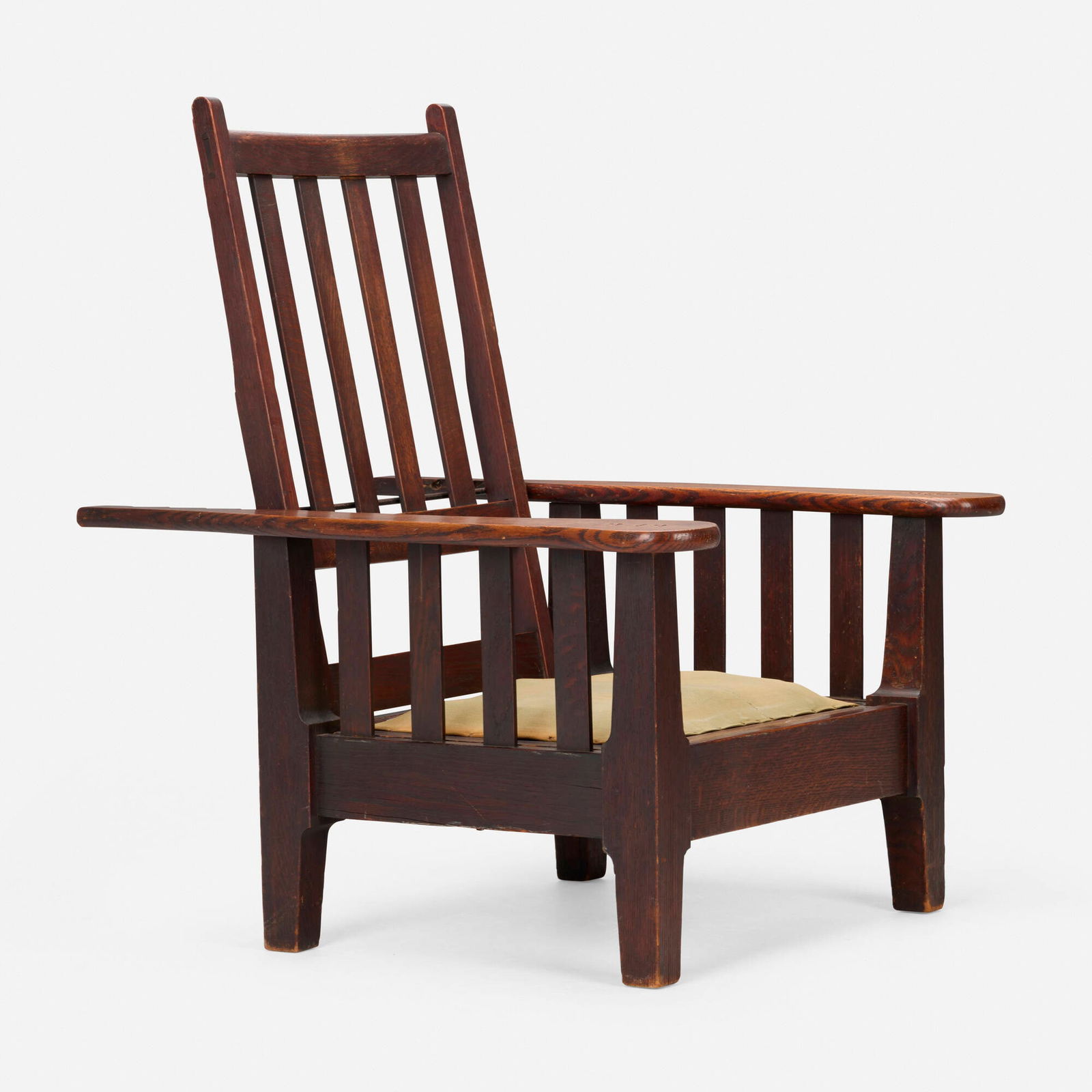 Roycroft, Paddle-arm Morris chair, model 045: Roycroft Paddle-arm Morris chair, model 045 USA, c. 1905oak, canvas, iron 45 h x 36.75 w x 40 d in (114 x 93 x 102 cm) Period advertisement of the present work notates "This is a close replica