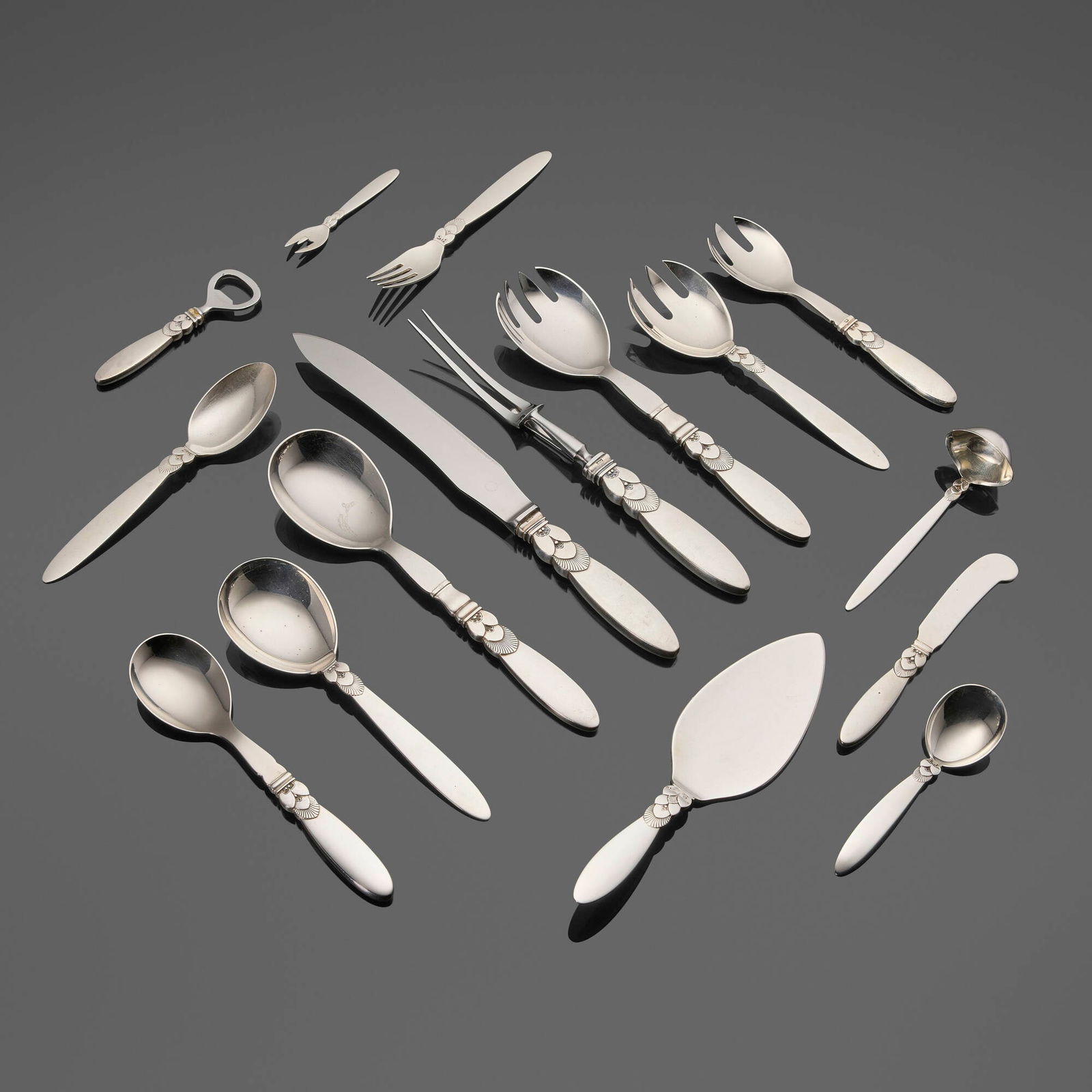 Gundorph Albertus, Collection of Cactus serving articles: Gundorph Albertus Collection of Cactus serving articles Georg JensenDenmark, 1930 / 20th centurysterling silver, stainless steel Collection is comprised of one hollow handle carving knife w