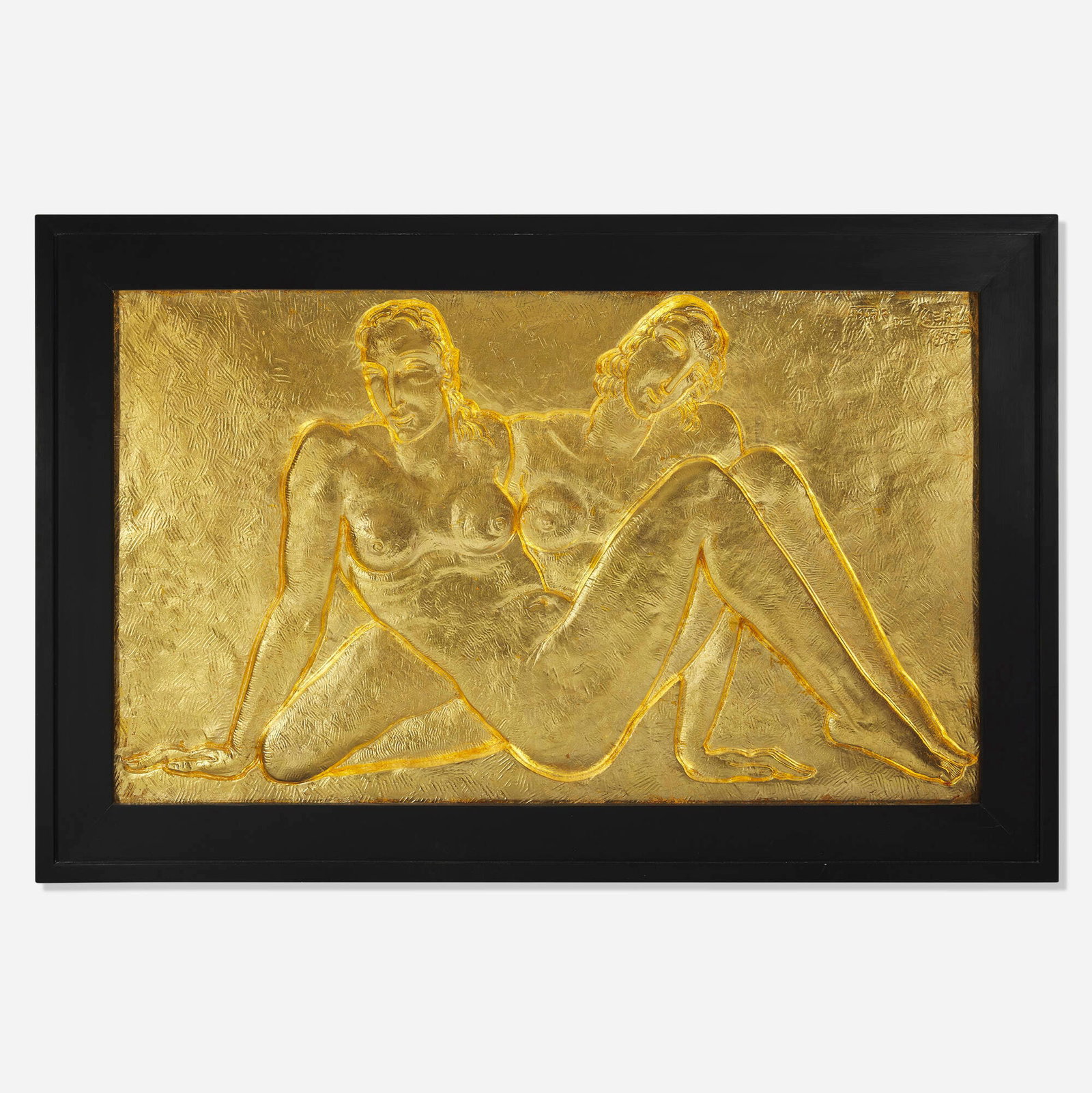 Oscar de Clerck, Bas relief panel with nude women: Oscar de Clerck Bas relief panel with nude women Belgium, 1937 gold leaf on plaster sight: 29.5 h x 50 w in (75 x 127 cm) Incised signature and date to upper right 'Oscar de Clerck 1937'. Sold