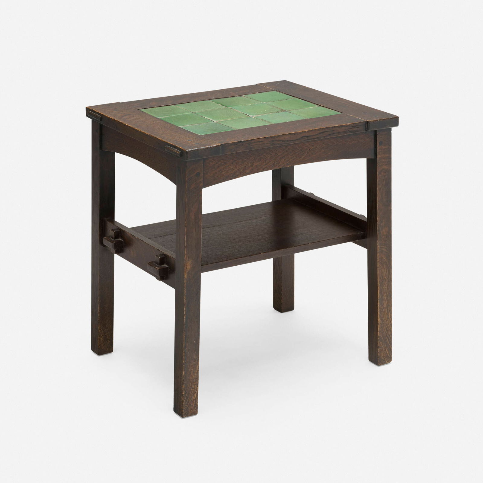 Gustav Stickley and Grueby Faience Company, Rare and Early twelve-tile tea table: LaMont A. Warner, attribution for Gustav Stickley and Grueby Faience Company Rare and Early twelve-tile tea table USA, c. 1901oak, glazed earthenware 26 h x 20.25 w x 25 d in (66 x 51 x 63 cm)