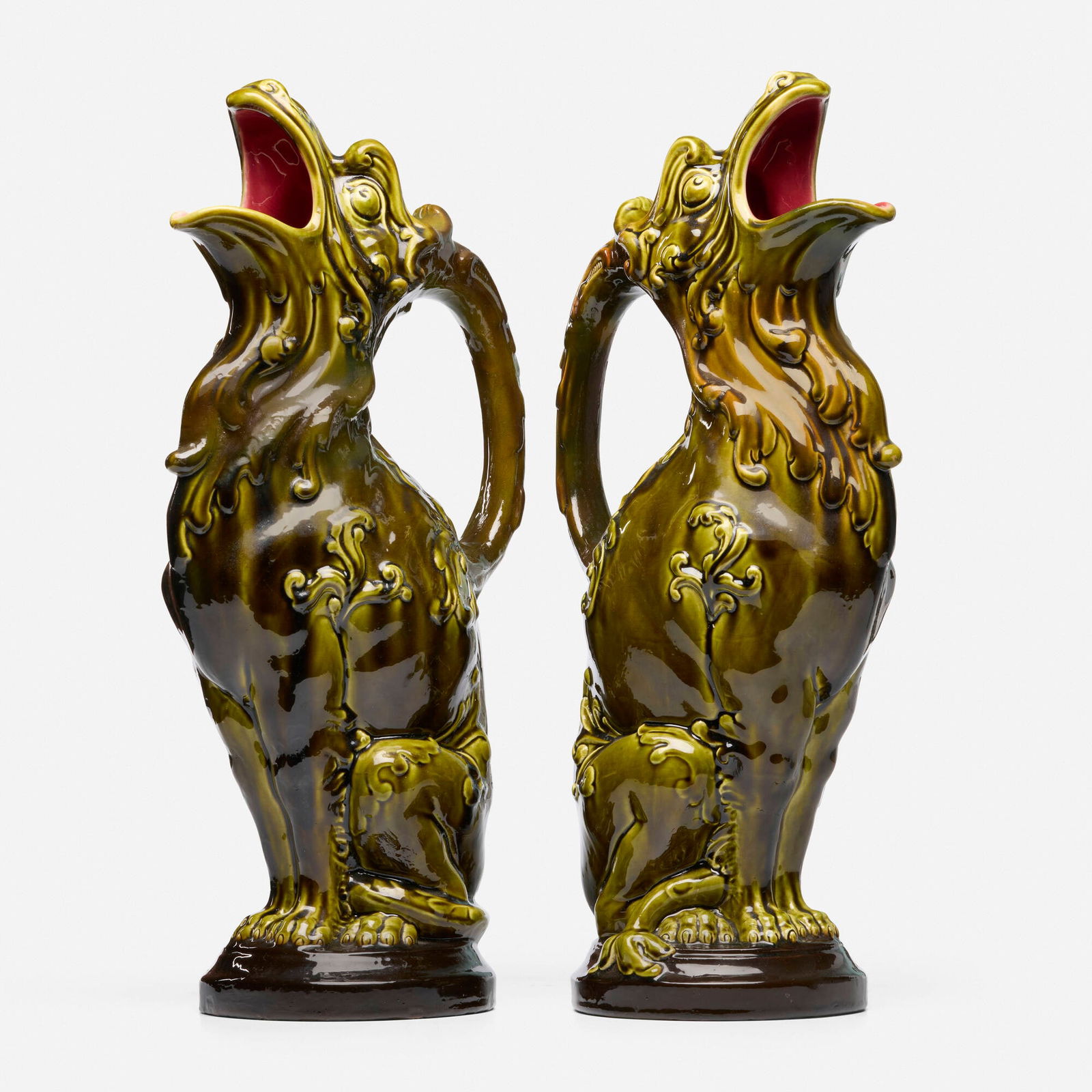 Sarreguemines, Majolica griffin pitchers, pair (1 of 6)