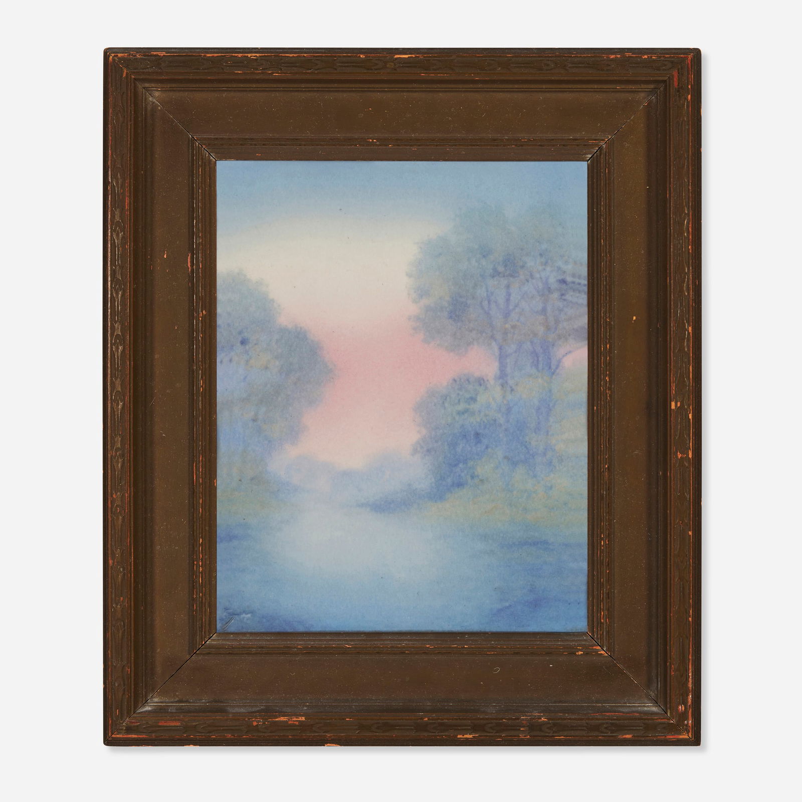 Edward T. Hurley for Rookwood Pottery, Twilight scenic Vellum plaque with trees and lake (1 of 2)