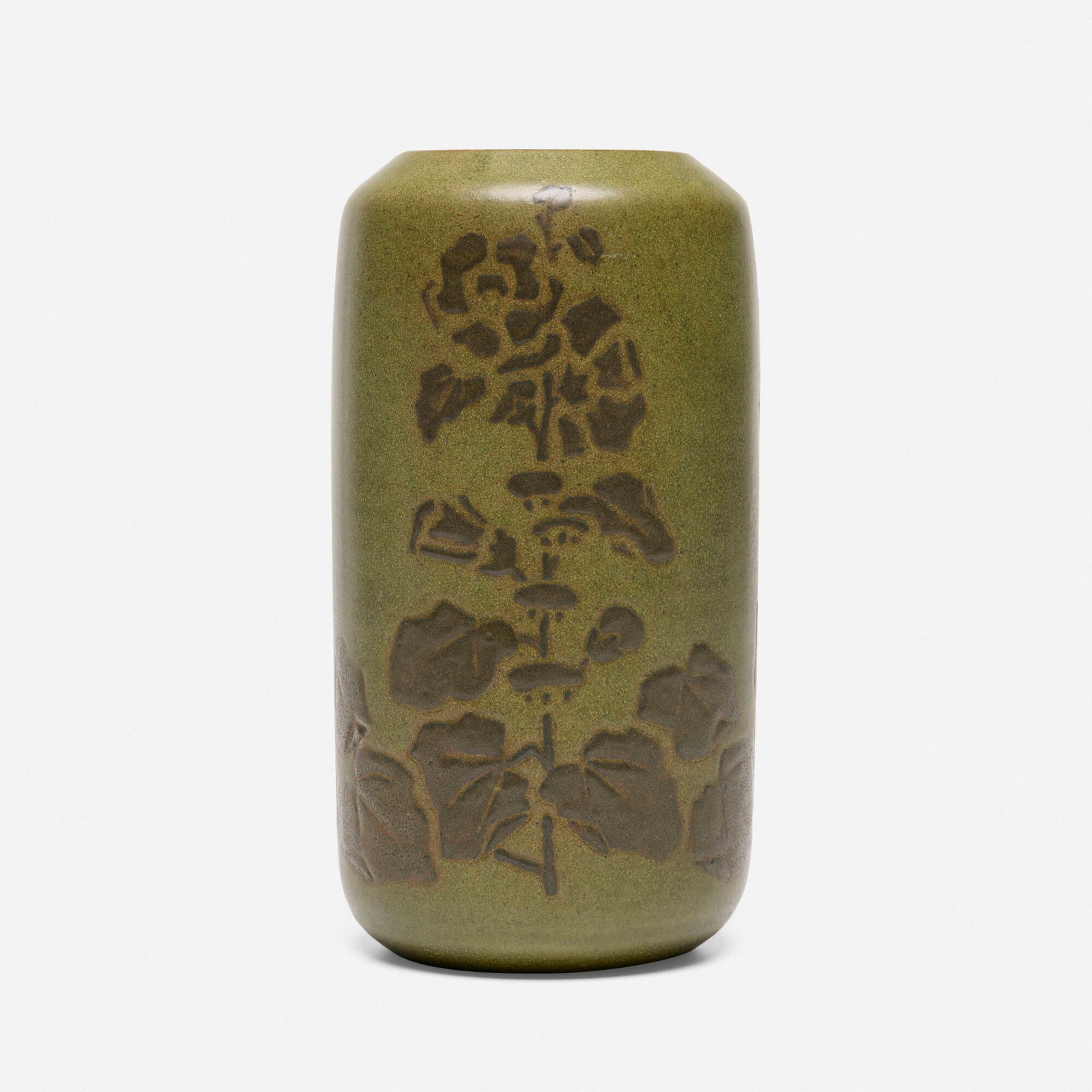 Maude Milner and Sarah Tutt for Marblehead Pottery, Early vase with stylized hollyhocks: Maude Milner and Sarah Tutt for Marblehead Pottery Early vase with stylized hollyhocks USA, 1904-08glazed earthenware 9.5 h x 5 dia in (24 x 13 cm) Impressed manufacturer's mark to underside '