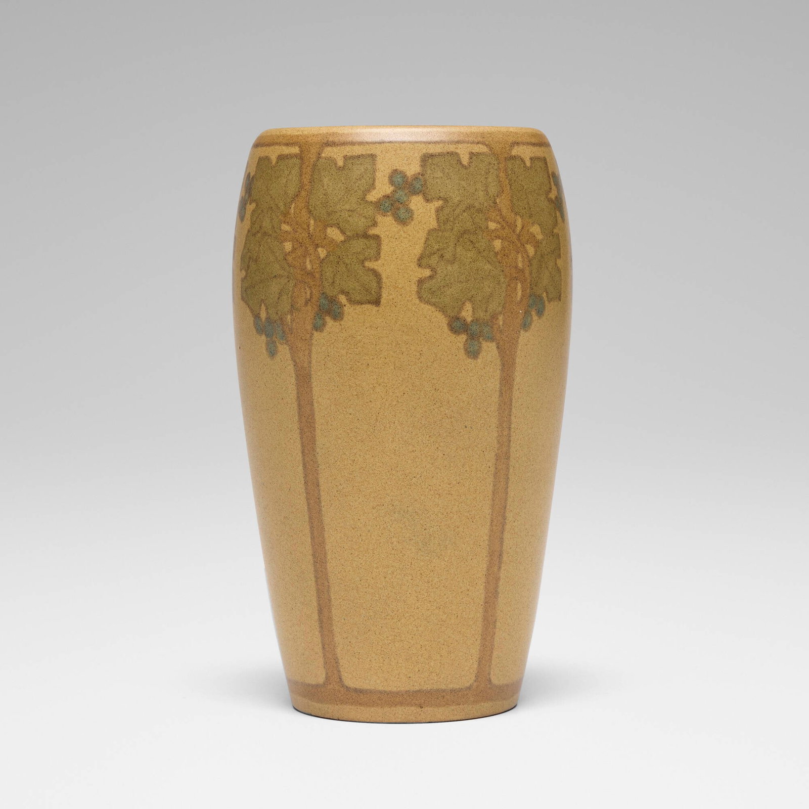 Arthur Hennessey and Sarah Tutt for Marblehead Pottery, Vase with grapevines: Arthur Hennessey and Sarah Tutt for Marblehead Pottery Vase with grapevines USA, 1908-16glazed earthenware 6.75 h x 4 dia in (17 x 10 cm) Impressed manufacturer's mark to underside 'MP' with s